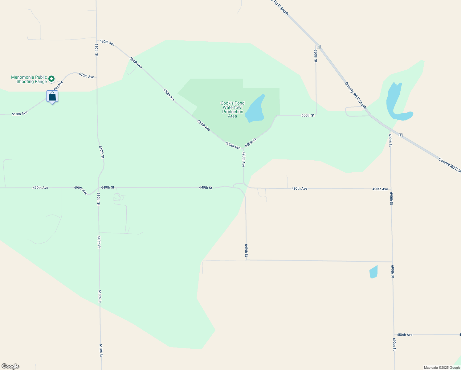 map of restaurants, bars, coffee shops, grocery stores, and more near E6477 490th Avenue in Menomonie