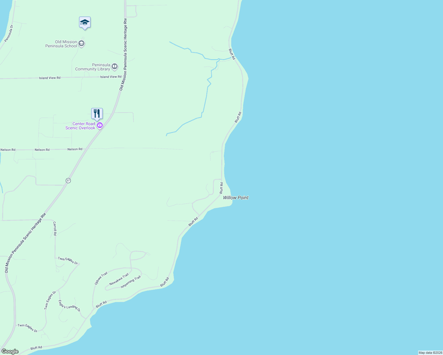 map of restaurants, bars, coffee shops, grocery stores, and more near 11909 Bluff Road in Traverse City