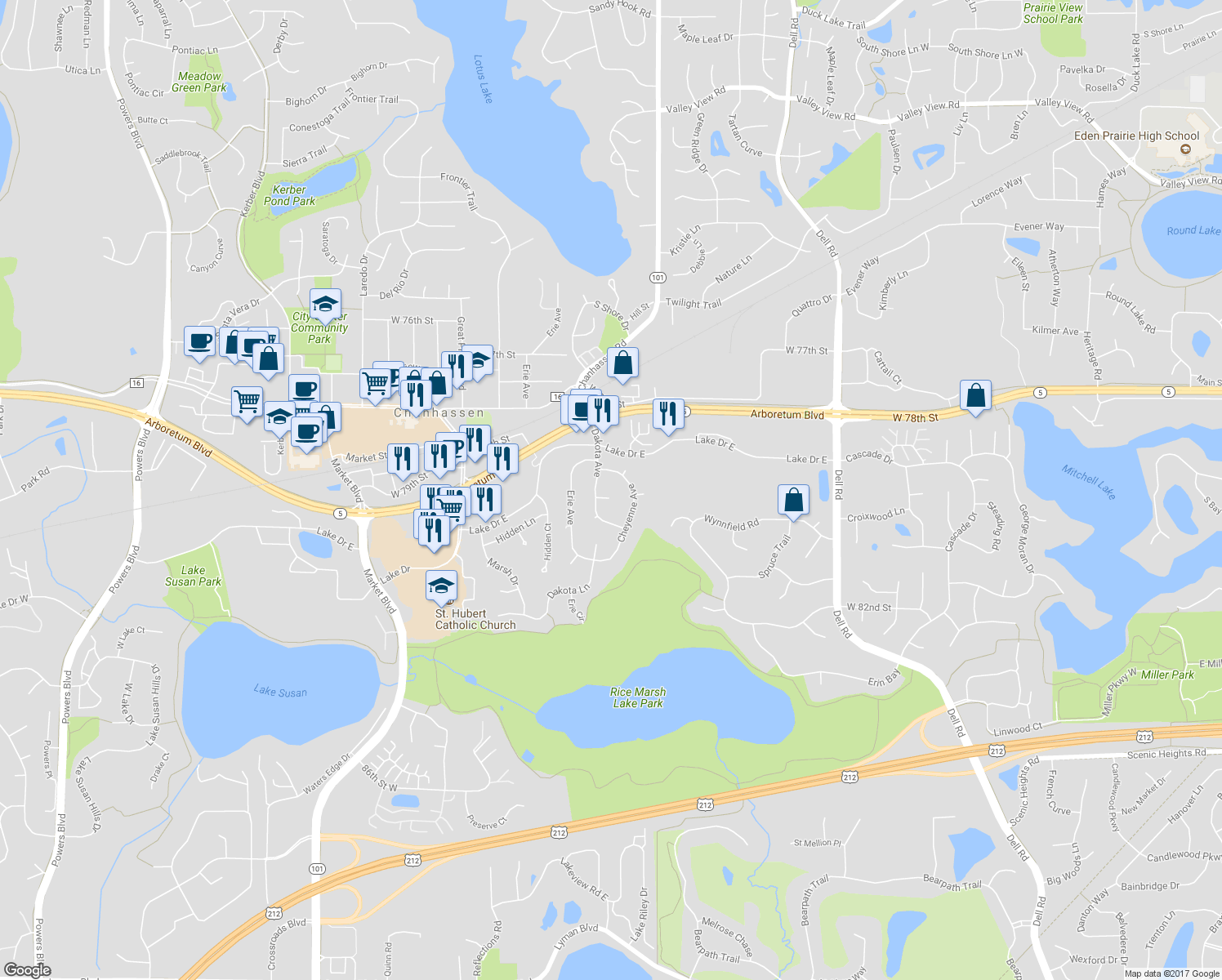 map of restaurants, bars, coffee shops, grocery stores, and more near 8009 Dakota Circle in Chanhassen