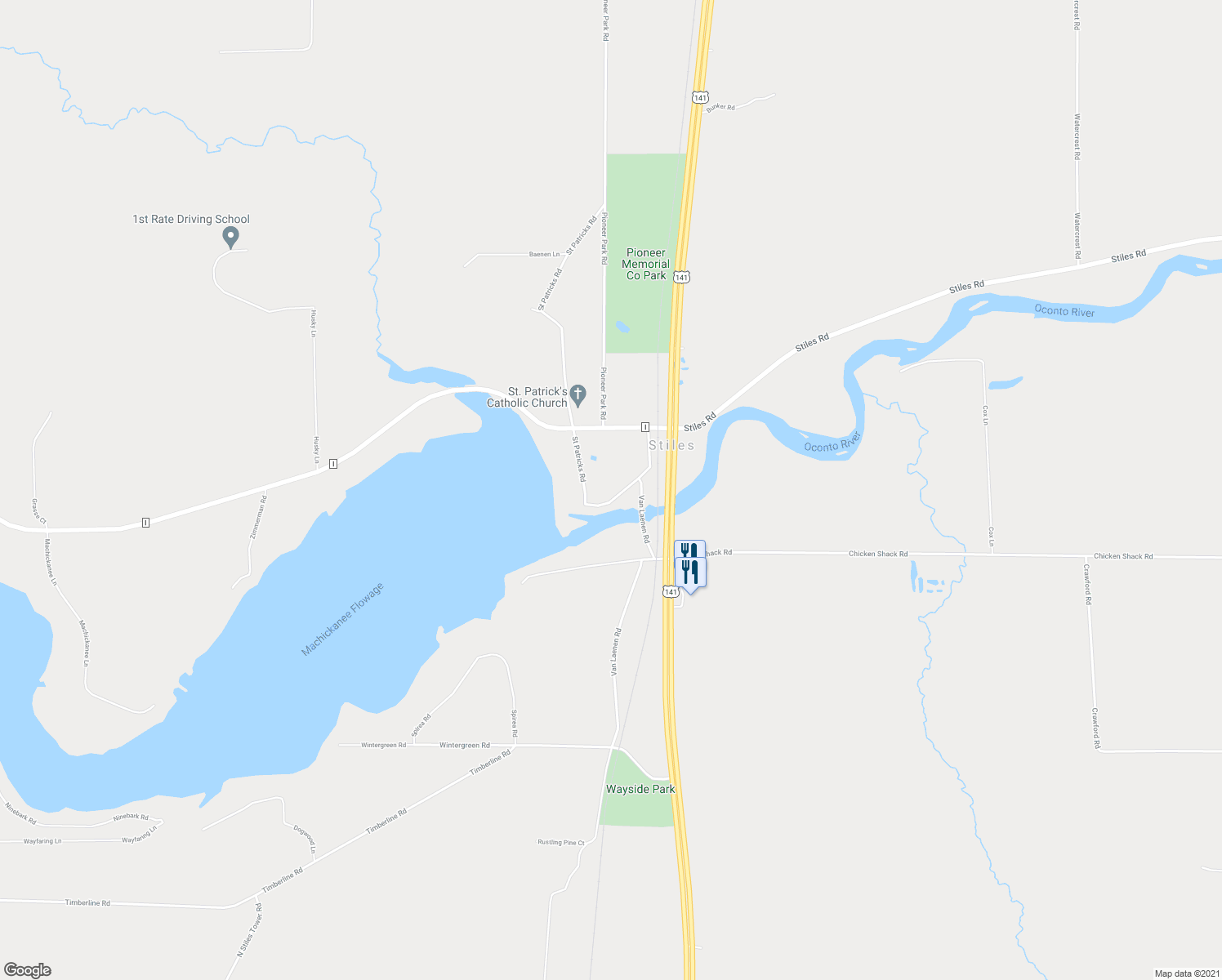 map of restaurants, bars, coffee shops, grocery stores, and more near 5830 Saint Patricks Road in Lena