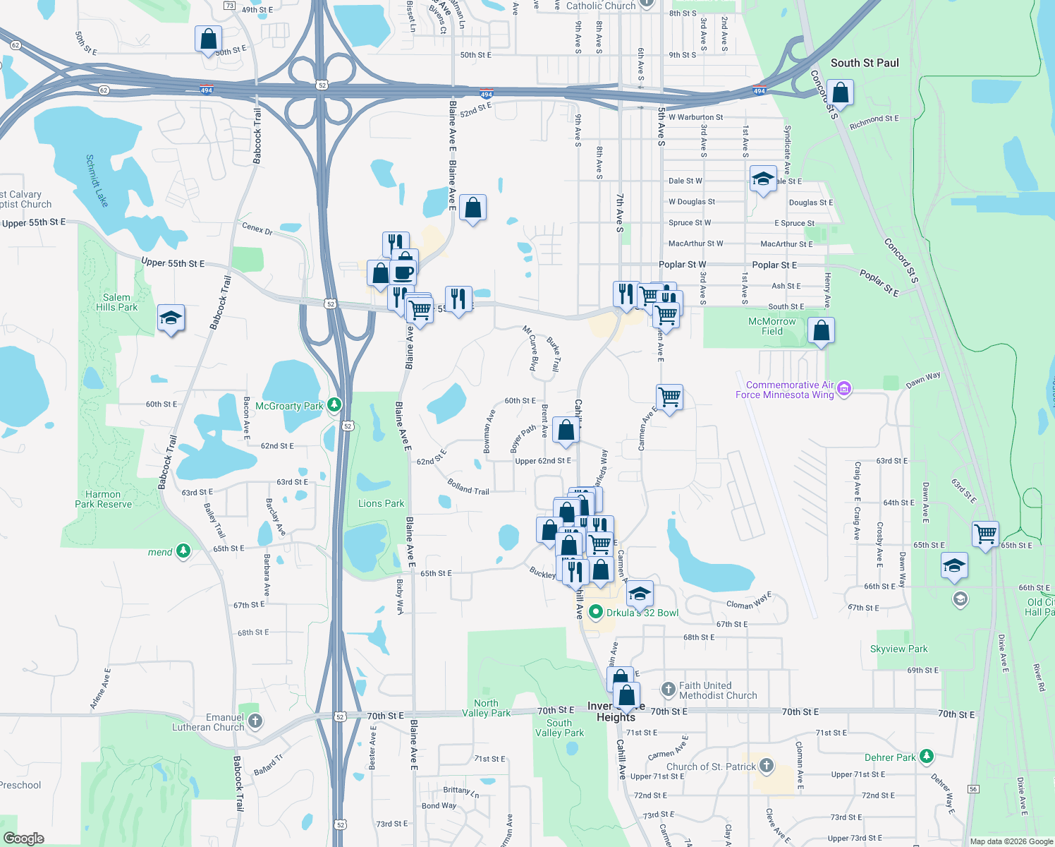 map of restaurants, bars, coffee shops, grocery stores, and more near 6125 Boyer Path in Inver Grove Heights