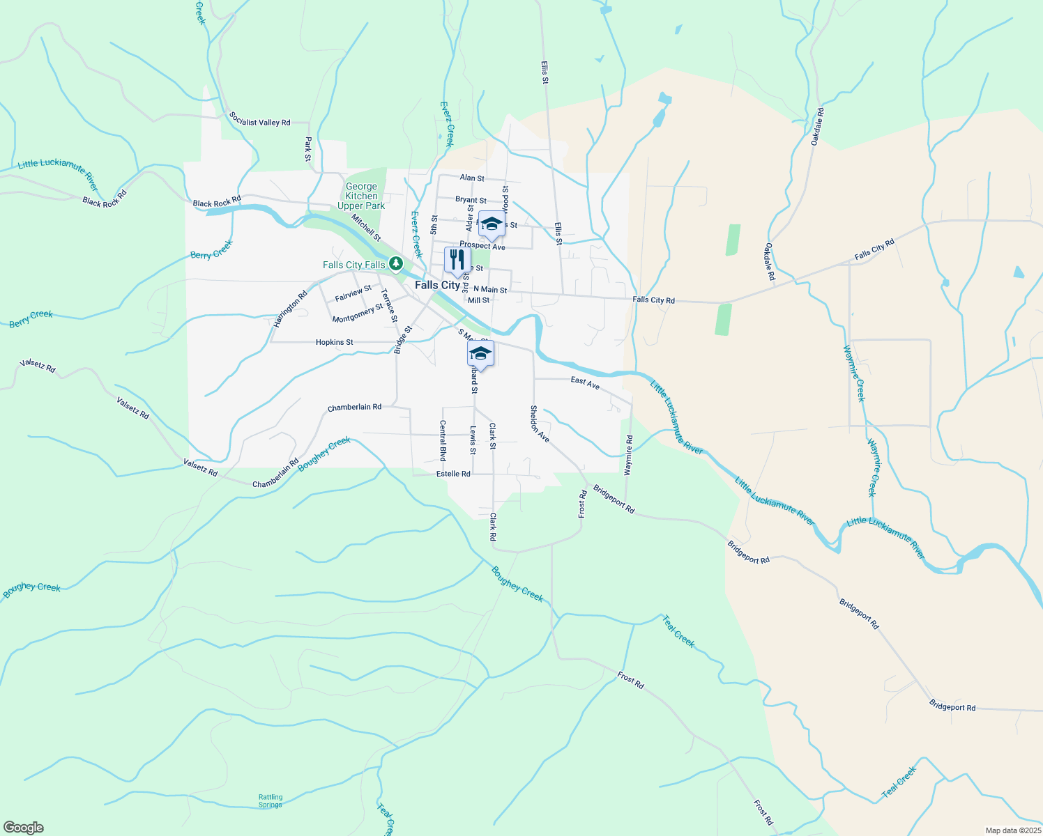 map of restaurants, bars, coffee shops, grocery stores, and more near 149 Sheldon Avenue in Falls City