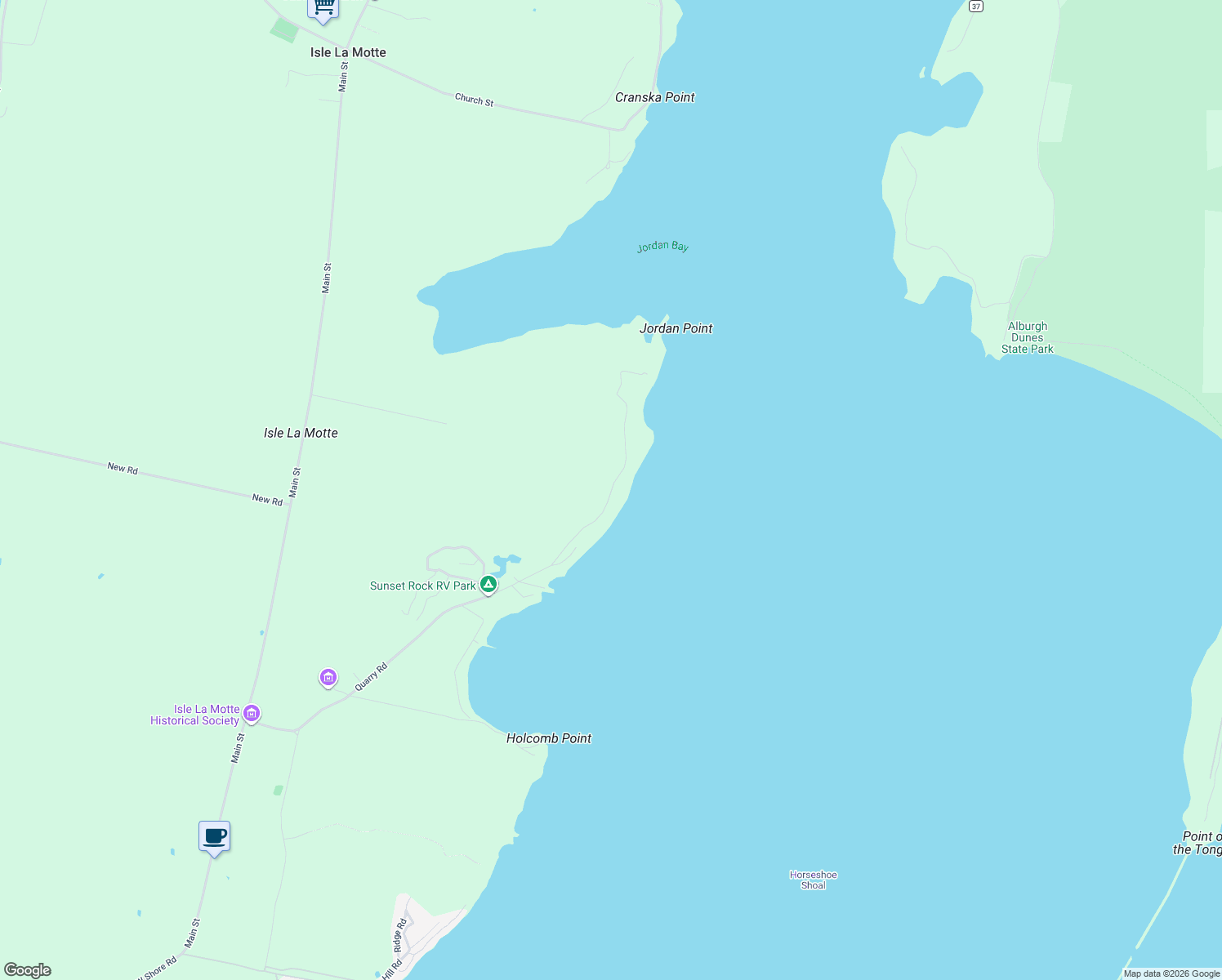 map of restaurants, bars, coffee shops, grocery stores, and more near Jordan Point Rd in Isle La Motte