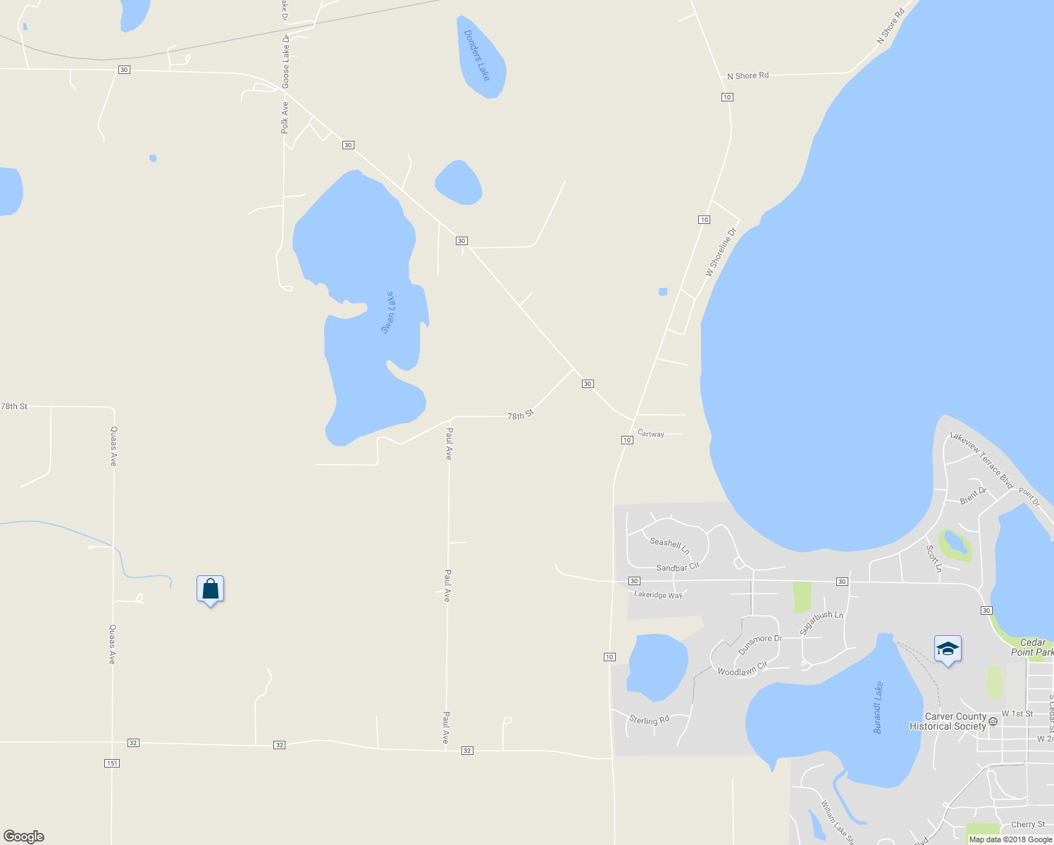 map of restaurants, bars, coffee shops, grocery stores, and more near 11825 78th Street in Waconia