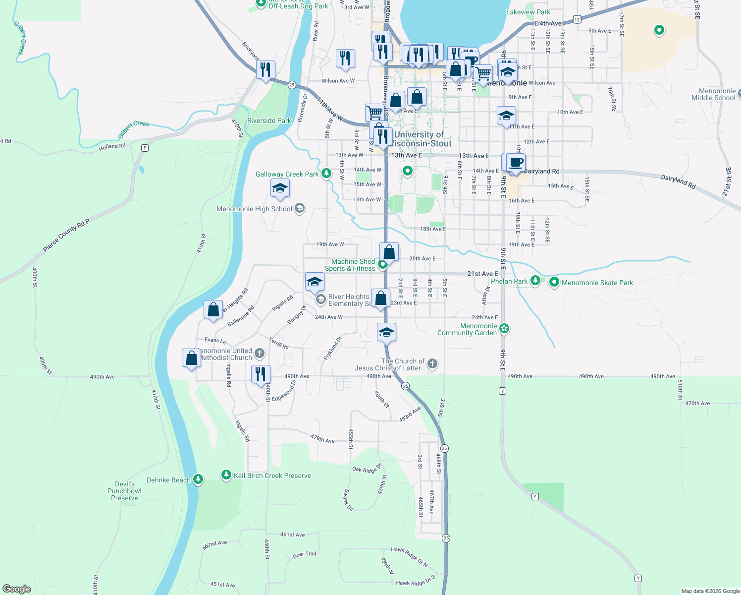 map of restaurants, bars, coffee shops, grocery stores, and more near 2214 2nd St W in Menomonie