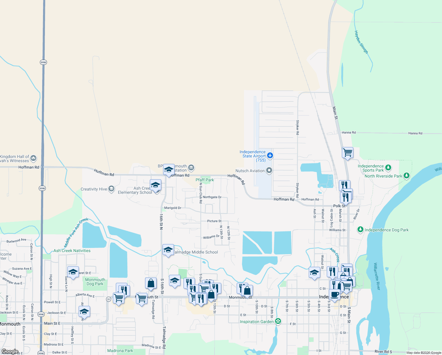 map of restaurants, bars, coffee shops, grocery stores, and more near 914 James Street in Independence