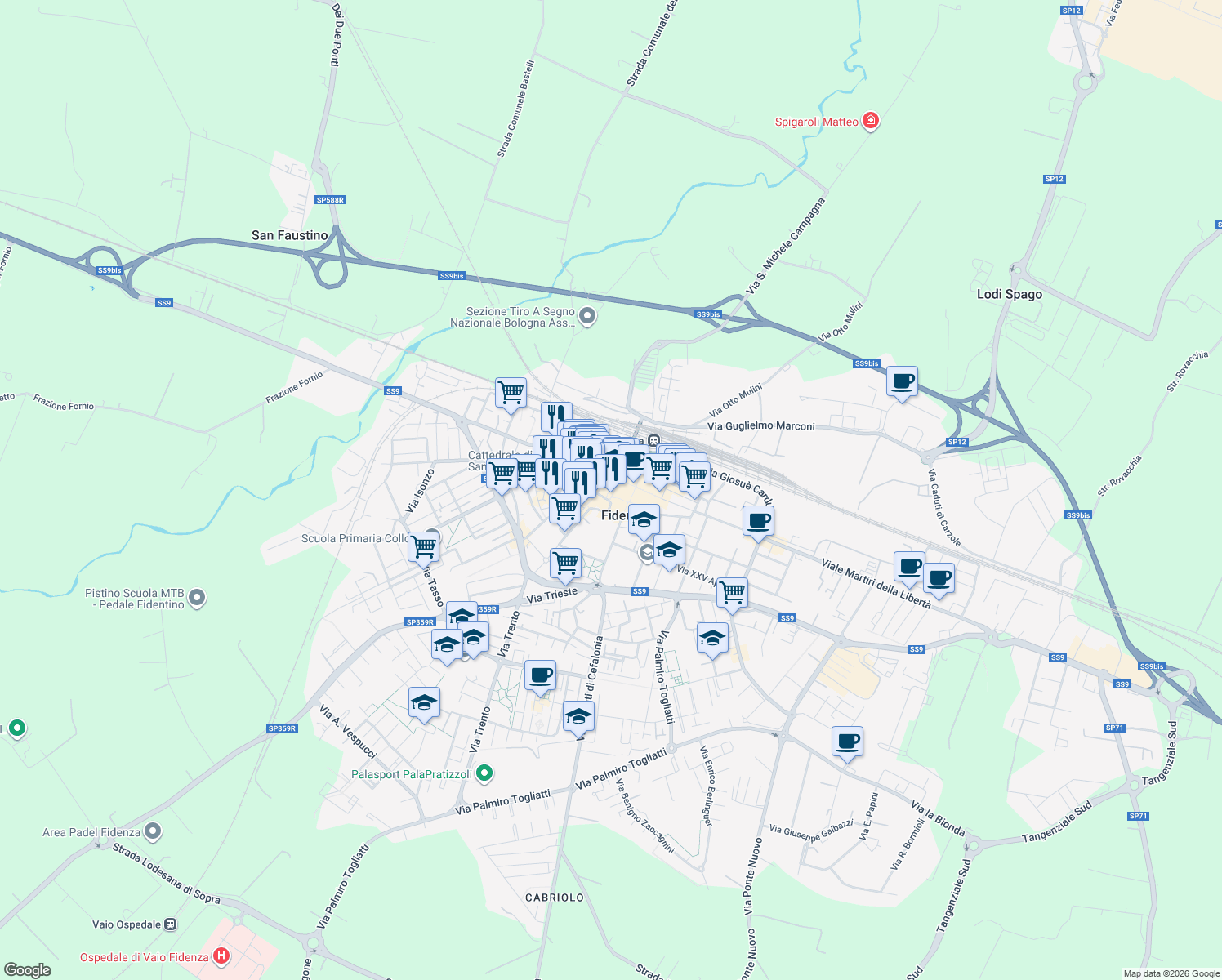 map of restaurants, bars, coffee shops, grocery stores, and more near 2 Piazza Giuseppe Garibaldi in Fidenza
