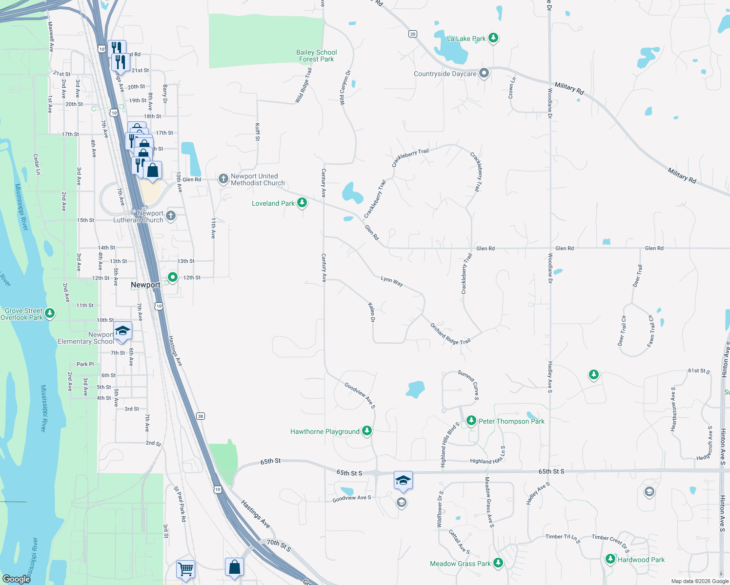 map of restaurants, bars, coffee shops, grocery stores, and more near 6102 Kalen Drive in Woodbury