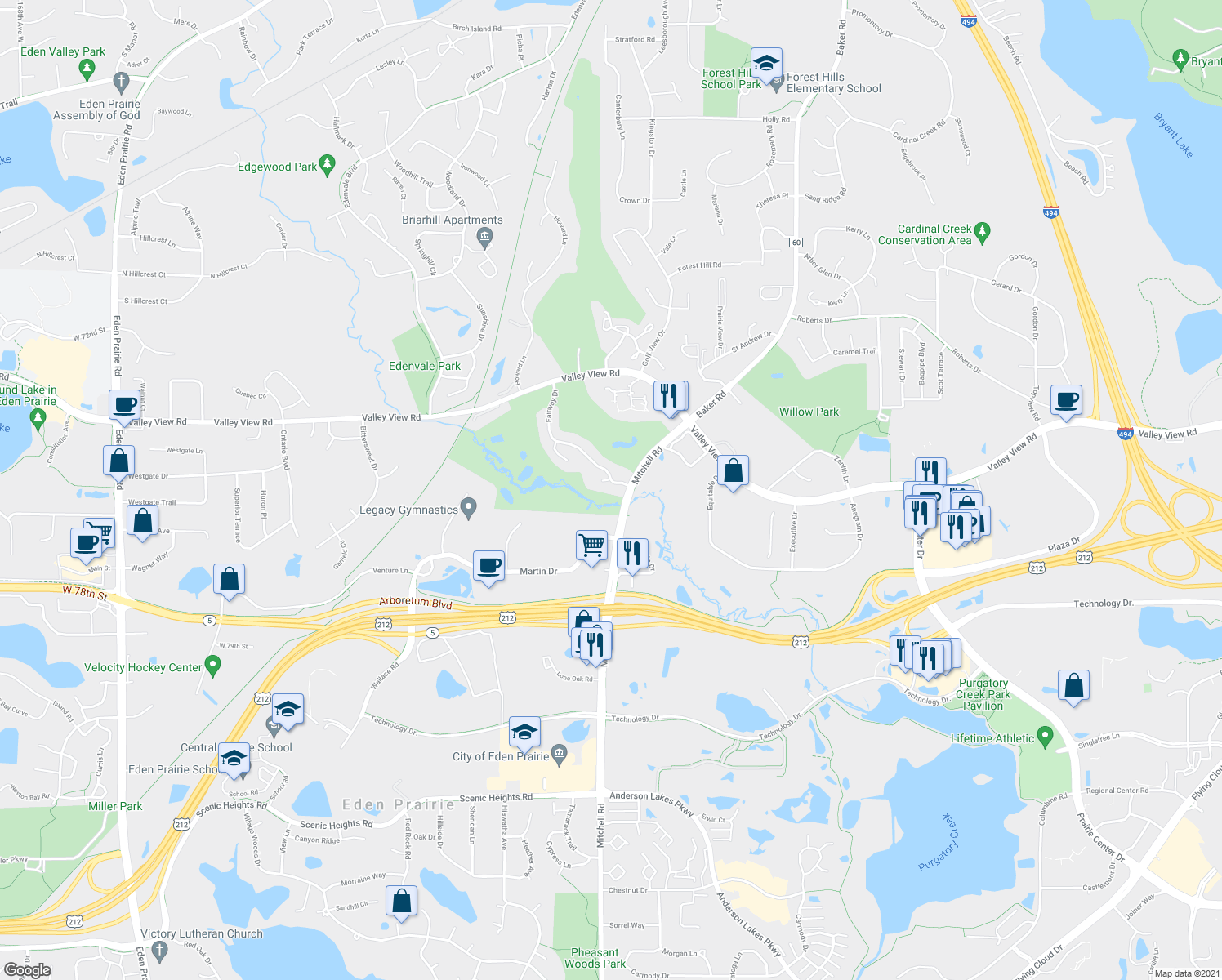 map of restaurants, bars, coffee shops, grocery stores, and more near 14305 Fairway Drive in Eden Prairie