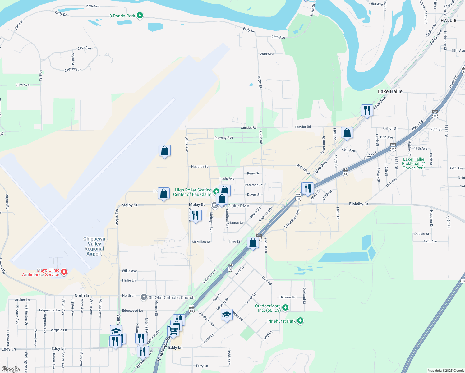 map of restaurants, bars, coffee shops, grocery stores, and more near 4128 Davey Court in Eau Claire