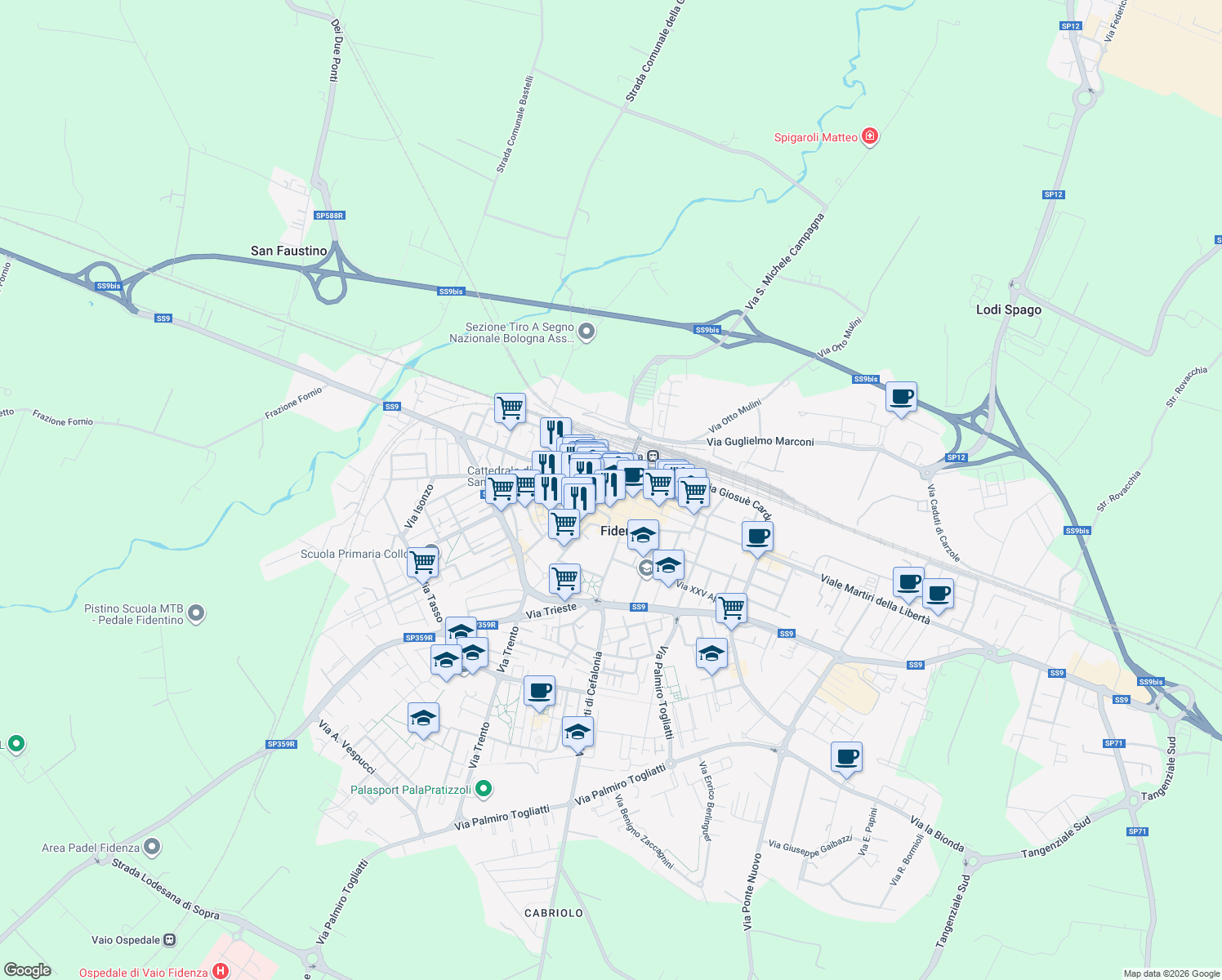 map of restaurants, bars, coffee shops, grocery stores, and more near 2 Piazza Giuseppe Garibaldi in Fidenza