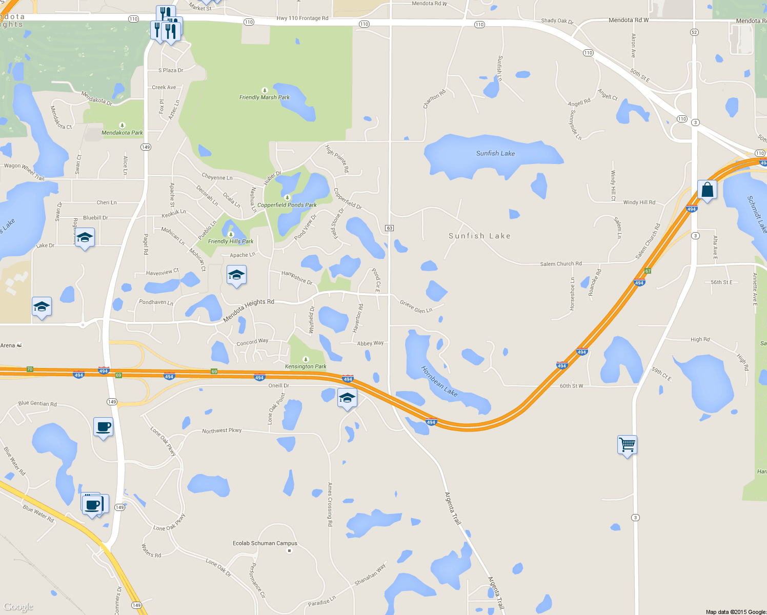 map of restaurants, bars, coffee shops, grocery stores, and more near 2474 Canton Court in Mendota Heights