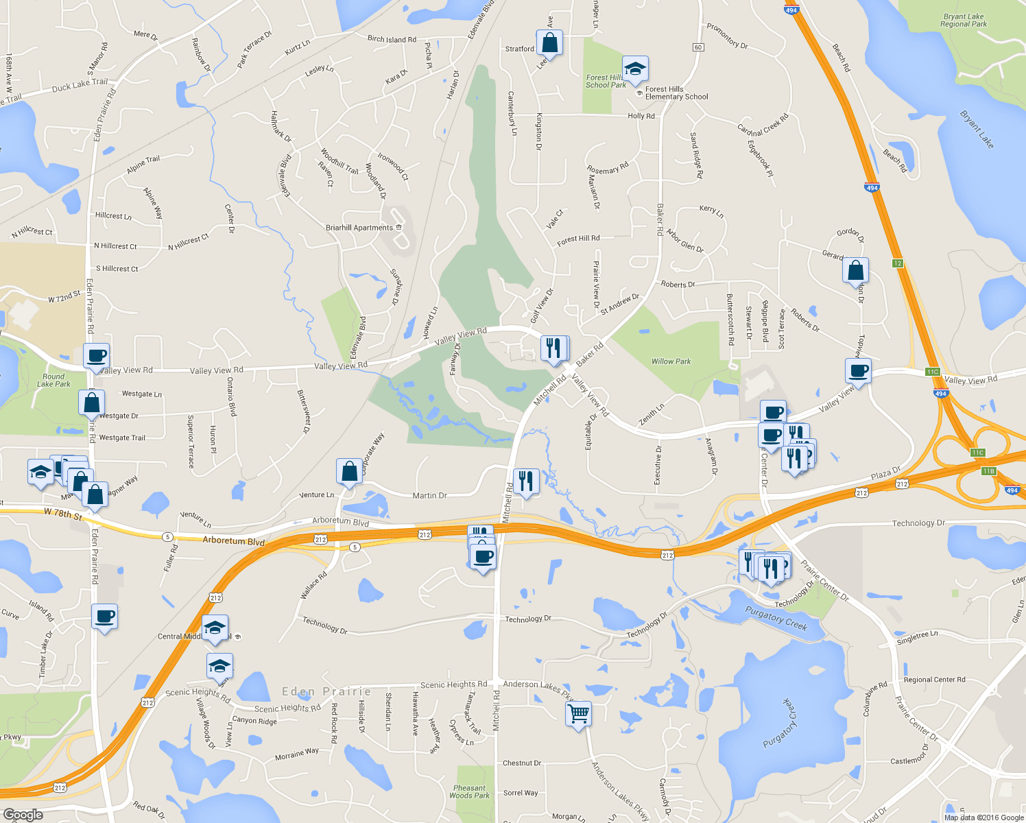 map of restaurants, bars, coffee shops, grocery stores, and more near 14305 Fairway Drive in Eden Prairie
