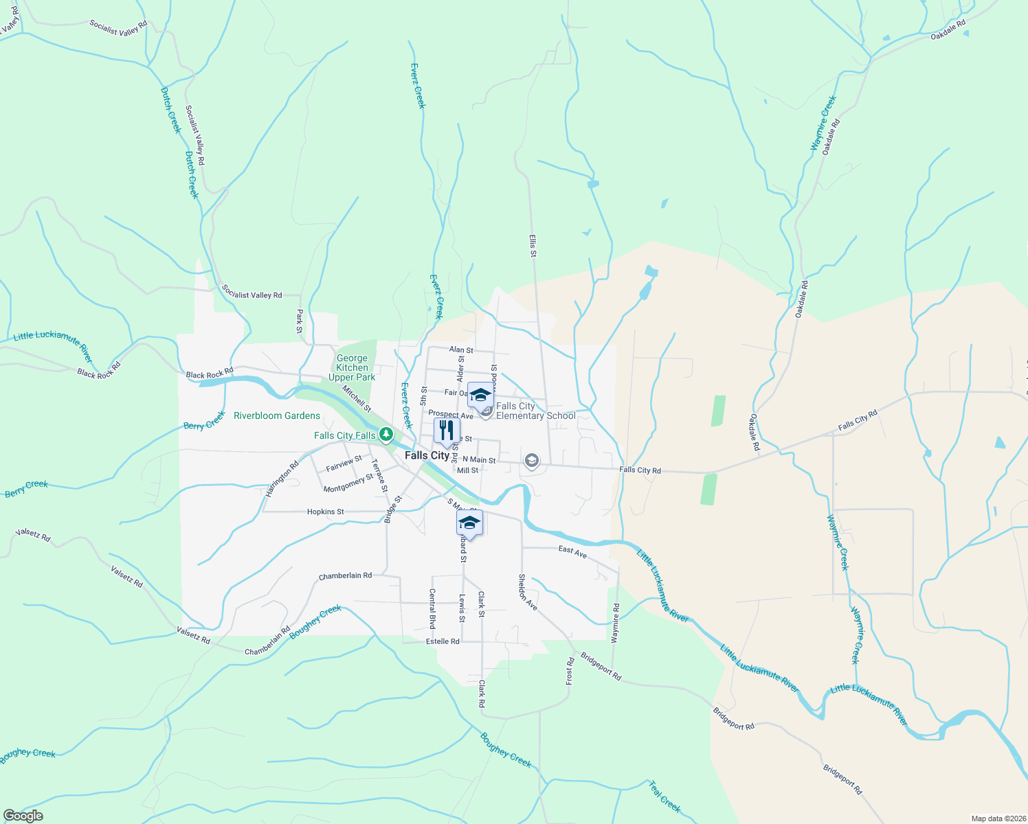 map of restaurants, bars, coffee shops, grocery stores, and more near 68 Prospect Avenue in Falls City