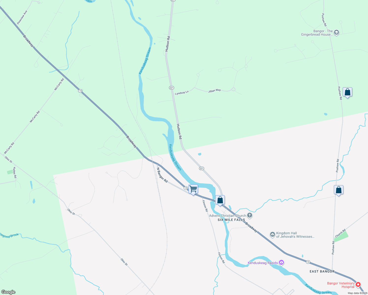 map of restaurants, bars, coffee shops, grocery stores, and more near 271 Hudson Road in Glenburn