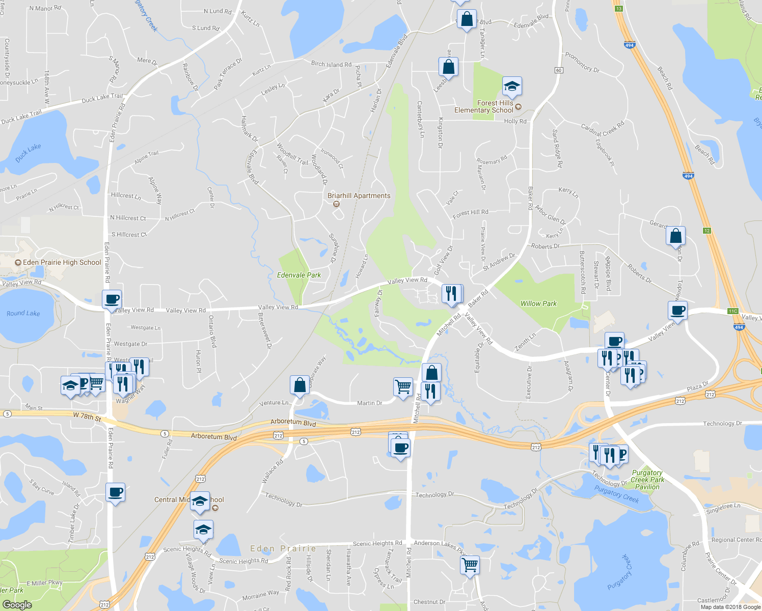map of restaurants, bars, coffee shops, grocery stores, and more near 14432 Fairway Drive in Eden Prairie
