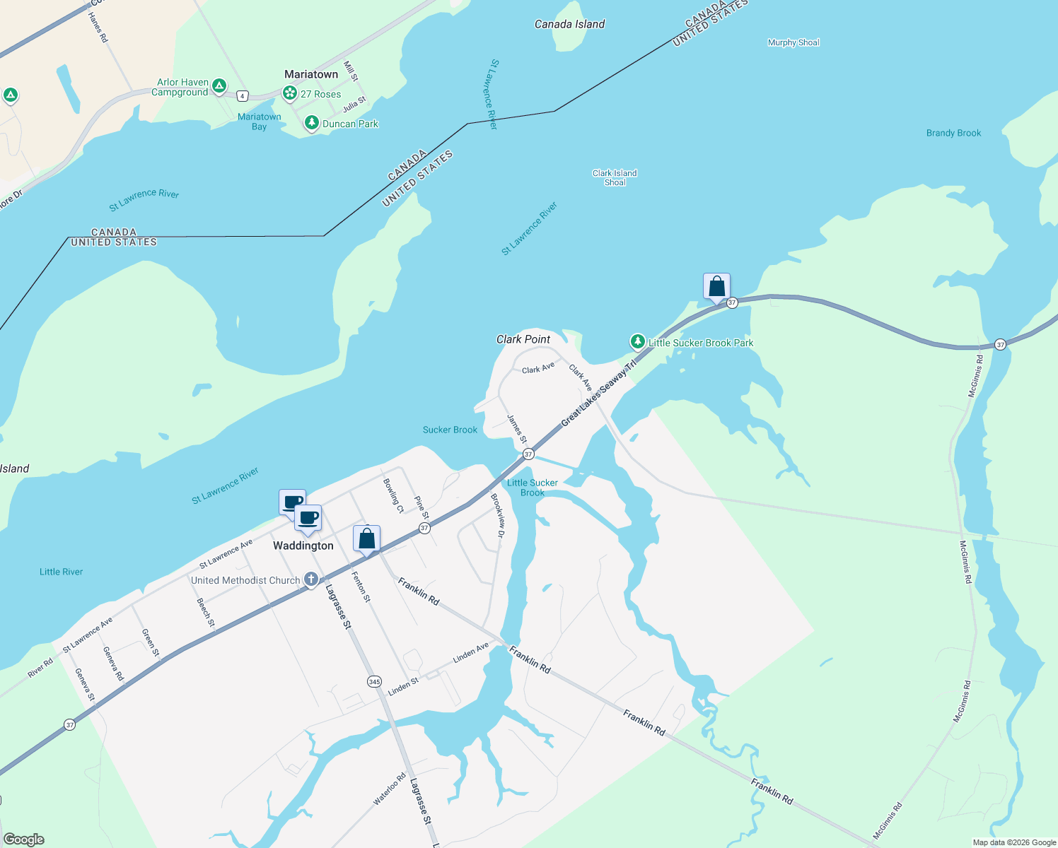 map of restaurants, bars, coffee shops, grocery stores, and more near 23 James St in Waddington