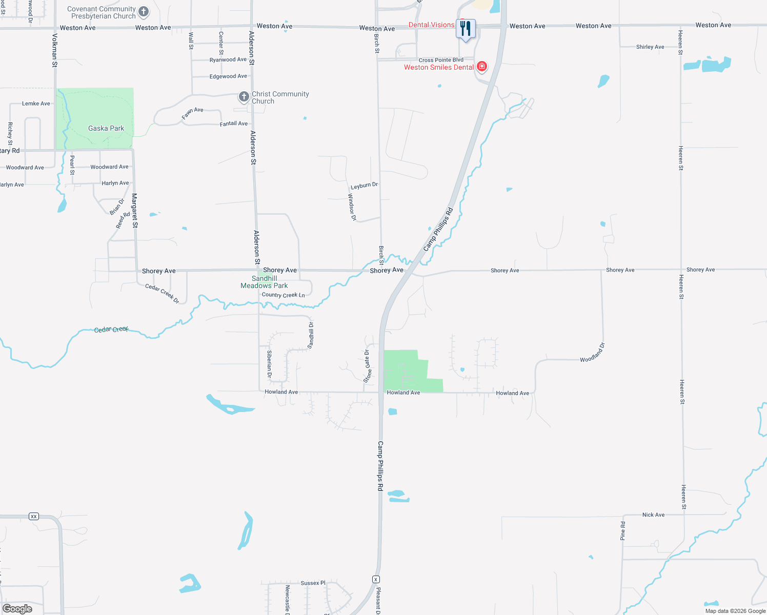 map of restaurants, bars, coffee shops, grocery stores, and more near 9303 Camp Phillips Rd in Schofield