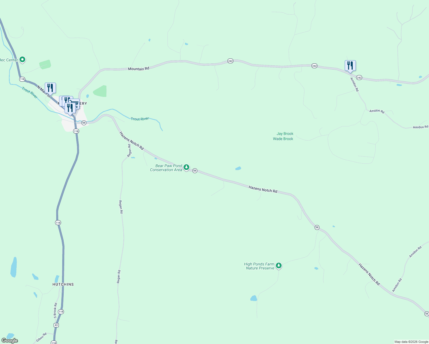 map of restaurants, bars, coffee shops, grocery stores, and more near 1205 Hazens Notch Road in Montgomery