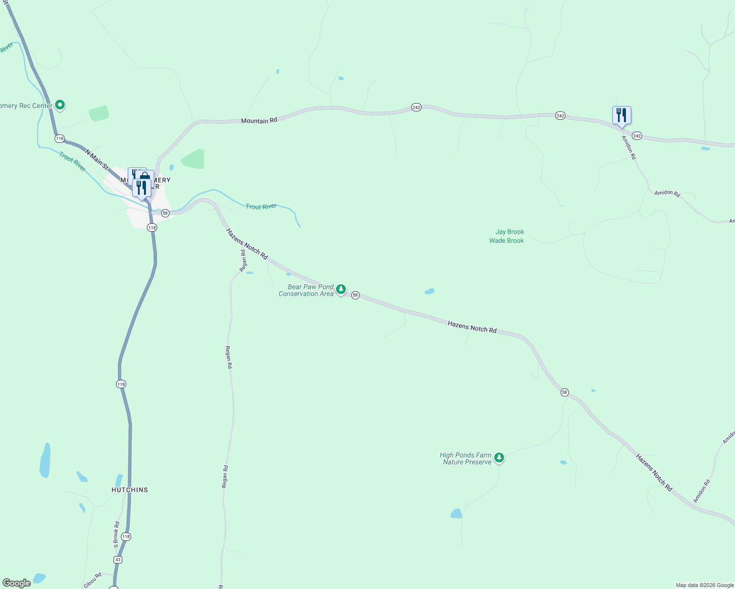 map of restaurants, bars, coffee shops, grocery stores, and more near 1080 Hazens Notch Road in Montgomery