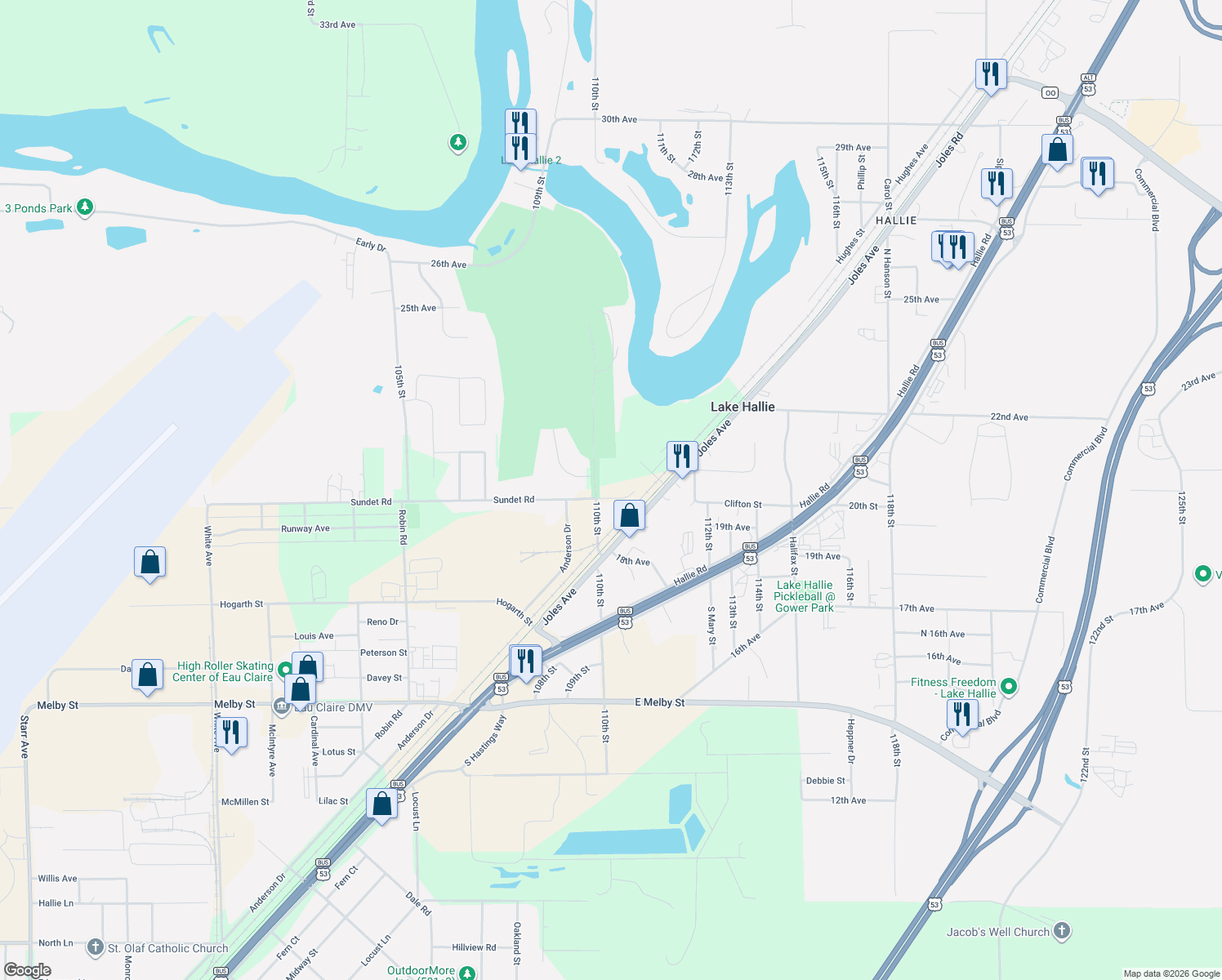 map of restaurants, bars, coffee shops, grocery stores, and more near 3860 Sundet Road in Chippewa Falls
