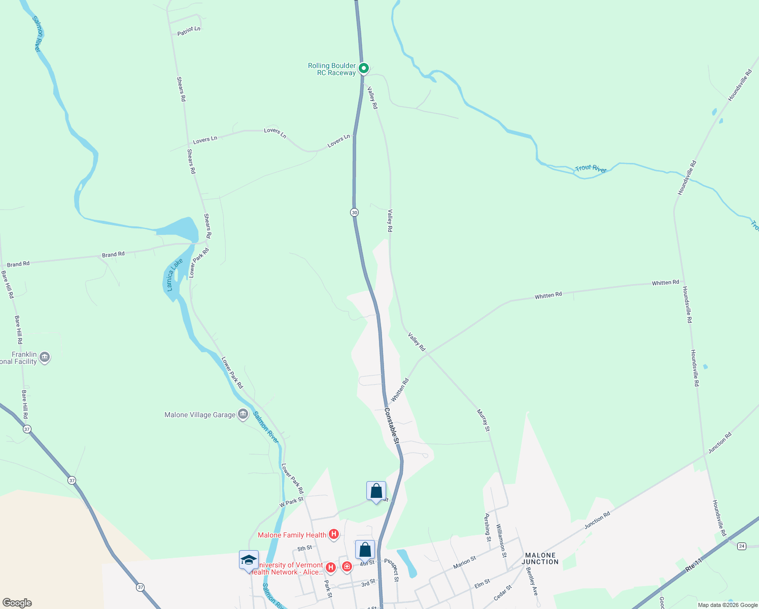 map of restaurants, bars, coffee shops, grocery stores, and more near 15040 Highway 30 in Malone