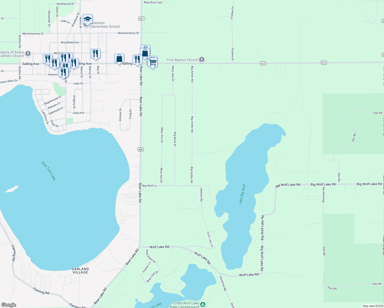 map of restaurants, bars, coffee shops, grocery stores, and more near 2263 Big Antler Rd in Albert