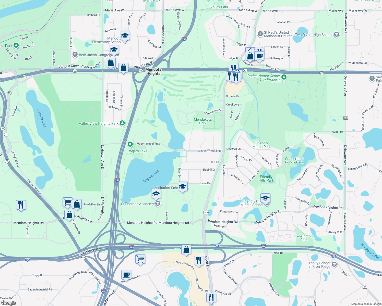 map of restaurants, bars, coffee shops, grocery stores, and more near 890 Wagon Wheel Trail in Mendota Heights