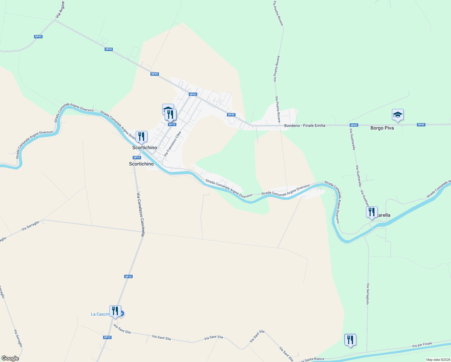 map of restaurants, bars, coffee shops, grocery stores, and more near 67 Strada Comunale Argine Diversivo in Scortichino