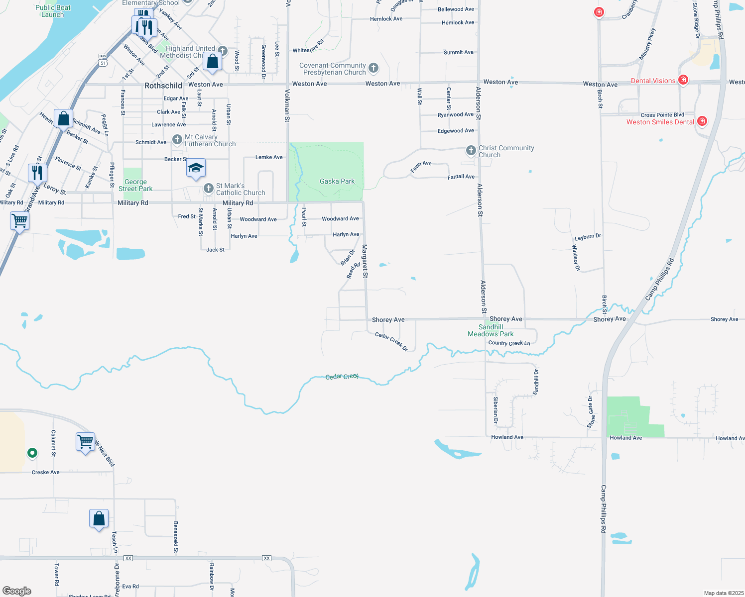 map of restaurants, bars, coffee shops, grocery stores, and more near 9105 Margaret Street in Rothschild