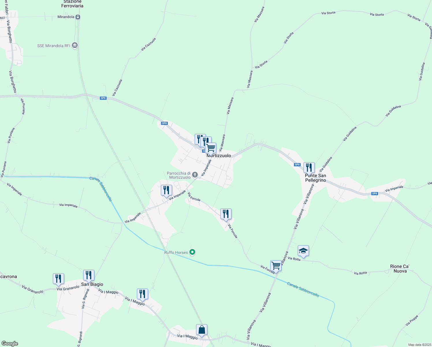 map of restaurants, bars, coffee shops, grocery stores, and more near 156 Via Carlo Goldoni in San Felice Sul Panaro