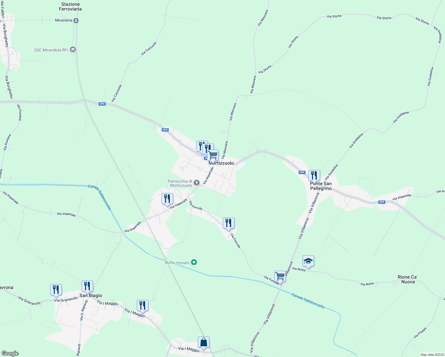 map of restaurants, bars, coffee shops, grocery stores, and more near 156 Via Carlo Goldoni in San Felice Sul Panaro