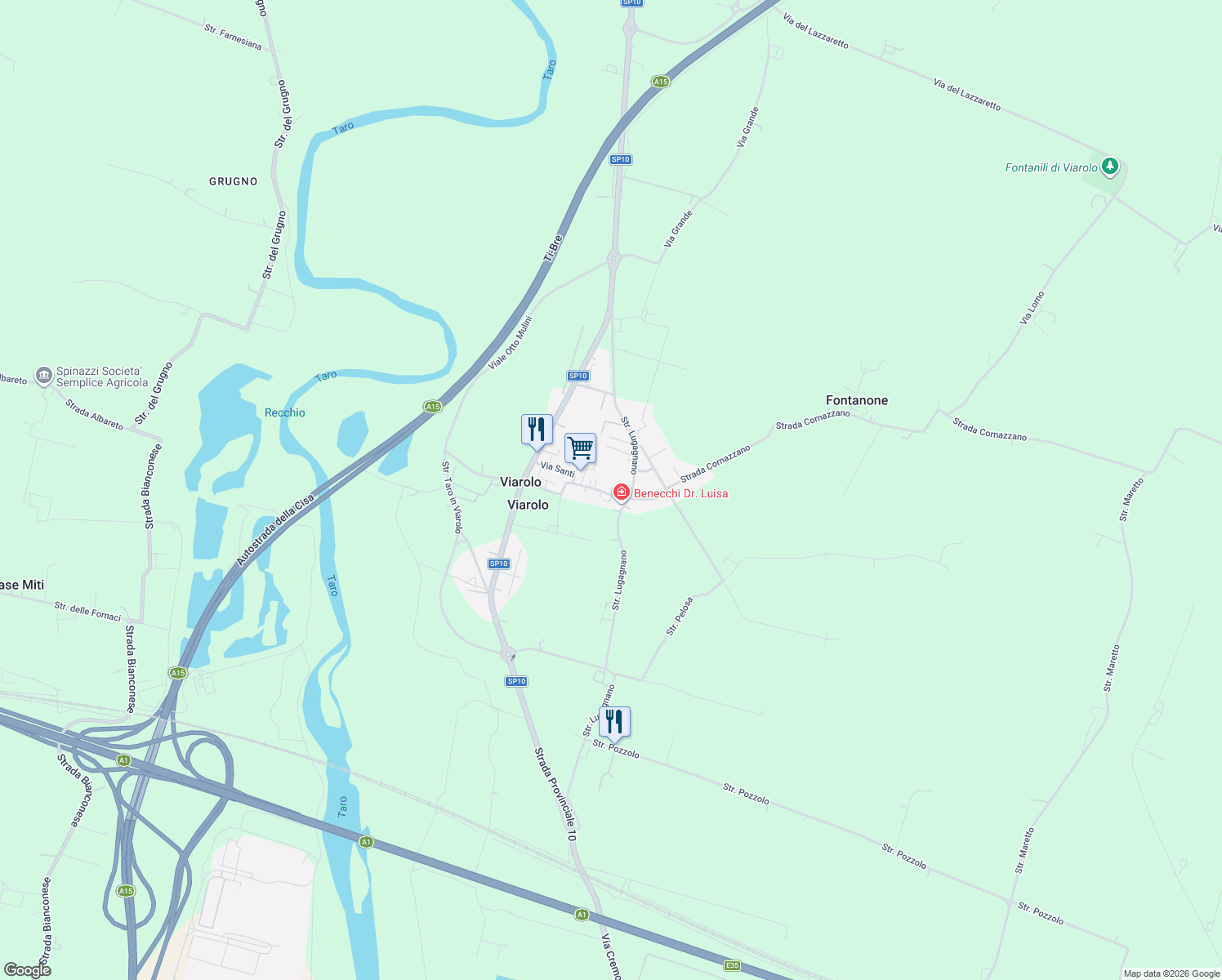 map of restaurants, bars, coffee shops, grocery stores, and more near 166 Strada Cornazzano in Viarolo