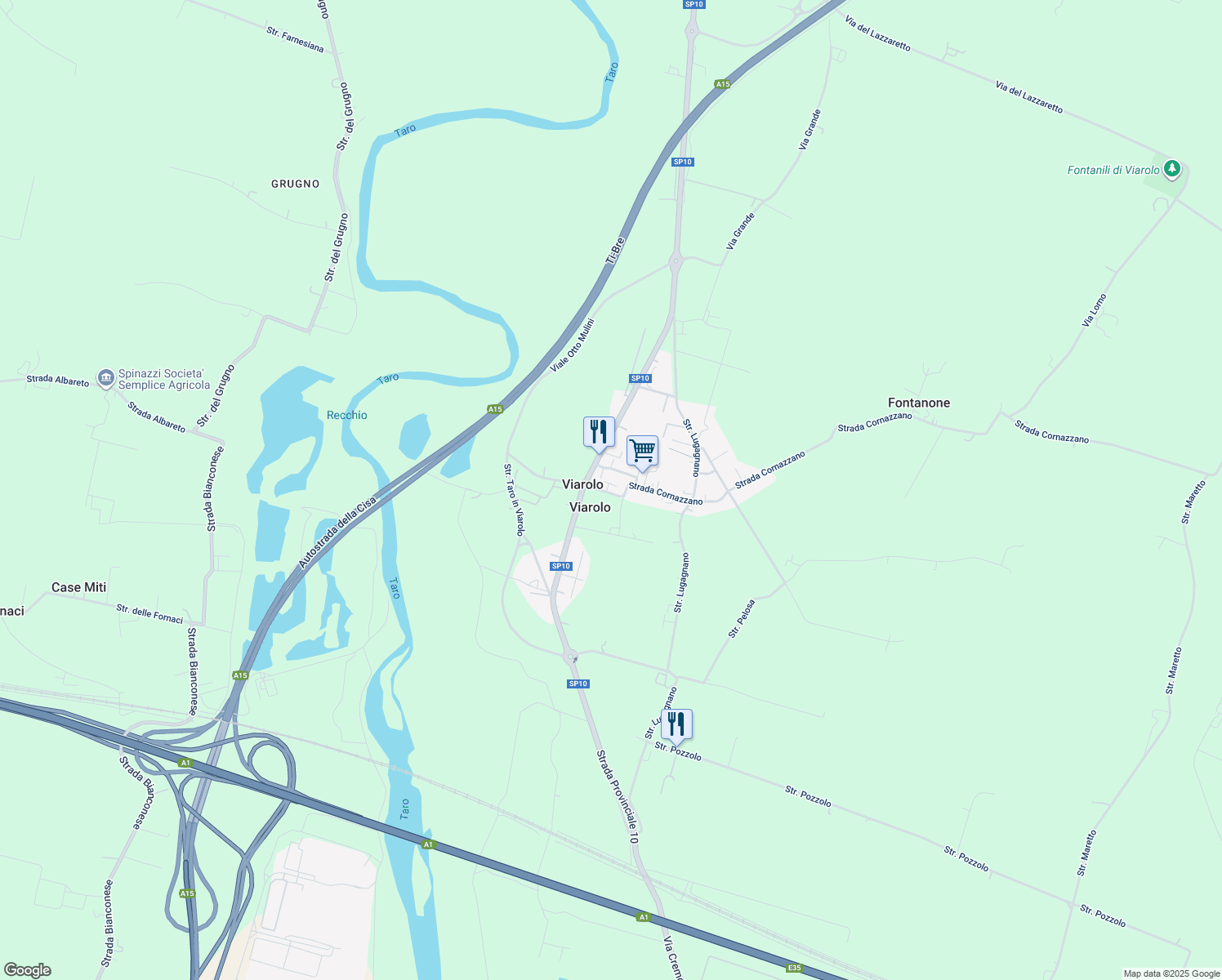 map of restaurants, bars, coffee shops, grocery stores, and more near 172-182 Viale Cornazzano in Viarolo