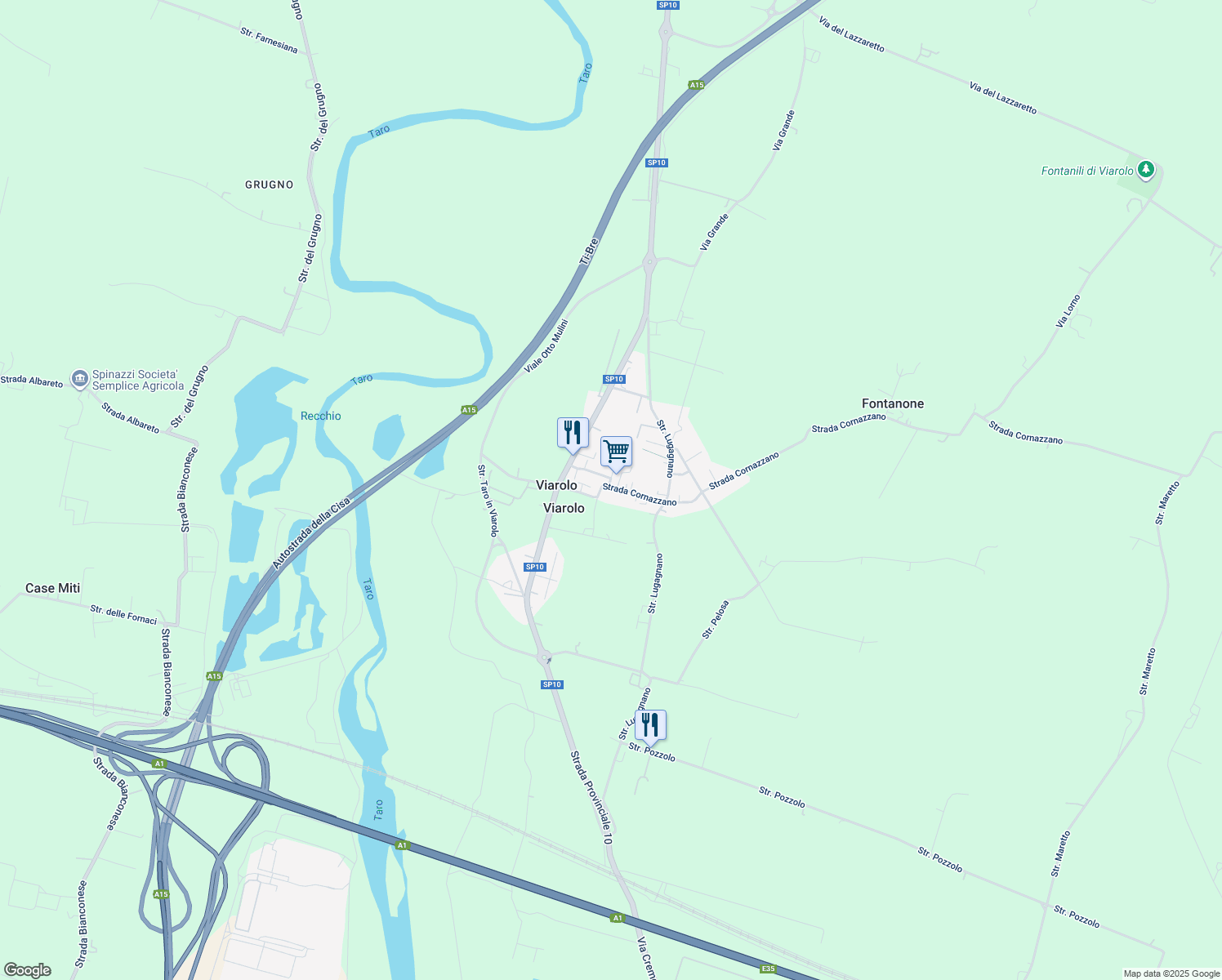 map of restaurants, bars, coffee shops, grocery stores, and more near 182 Strada Cornazzano in Viarolo