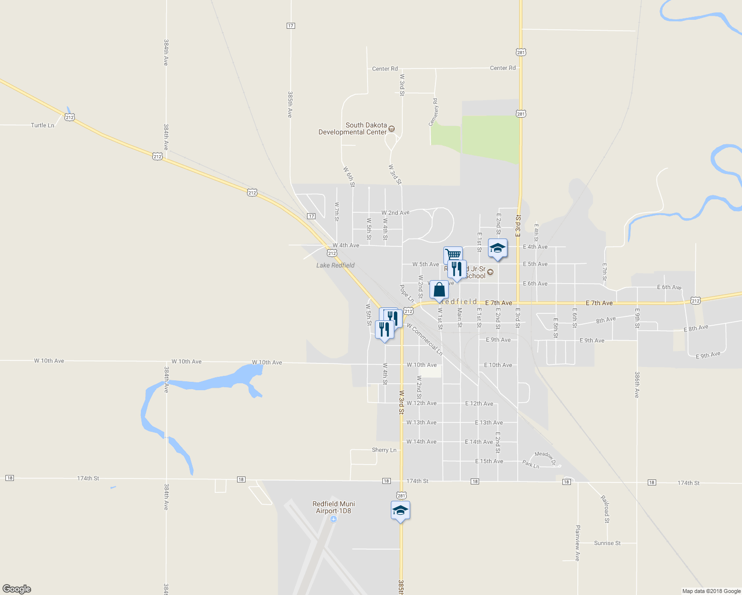 map of restaurants, bars, coffee shops, grocery stores, and more near West 5th Street in Redfield