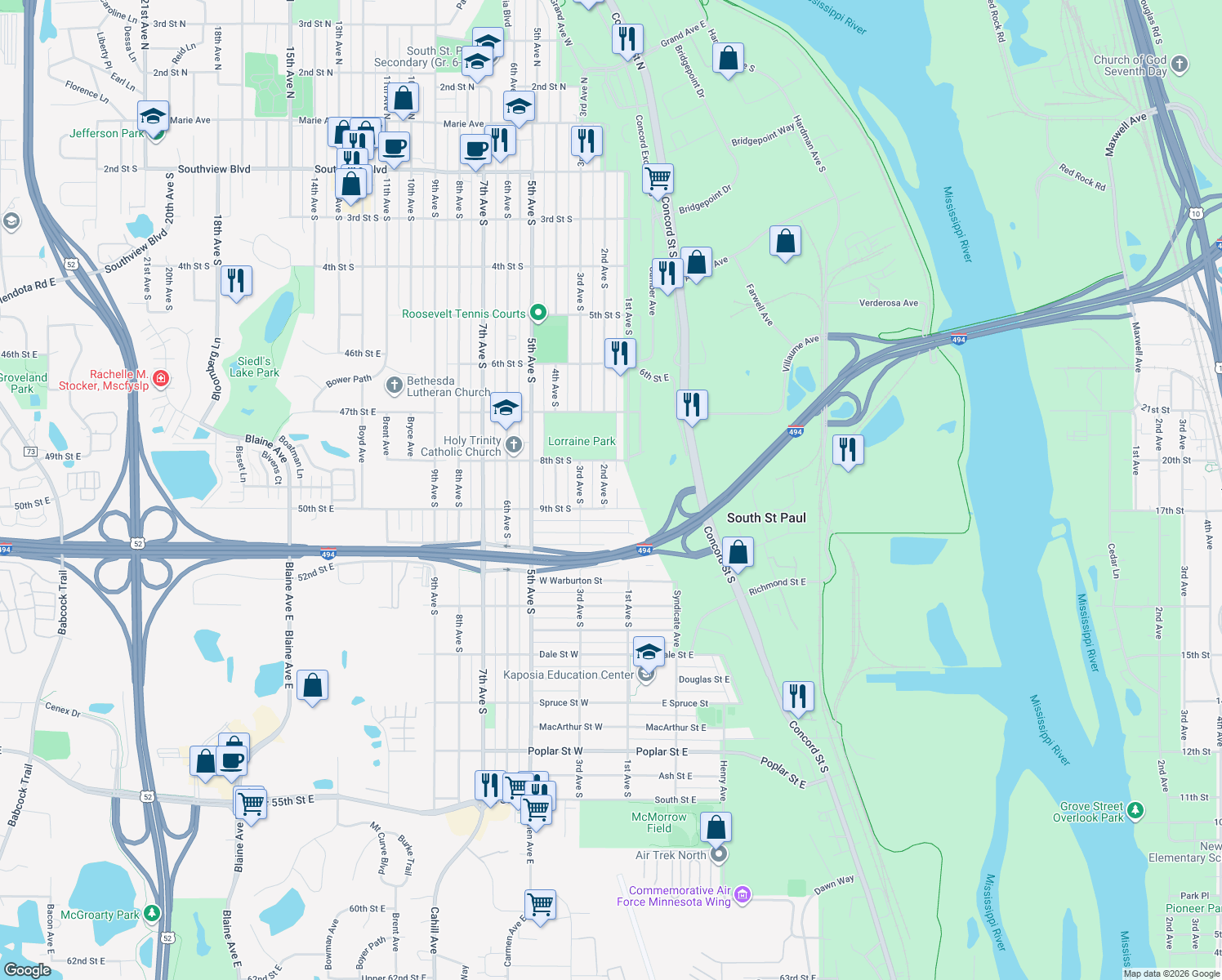 map of restaurants, bars, coffee shops, grocery stores, and more near 837 2nd Avenue South in South St. Paul