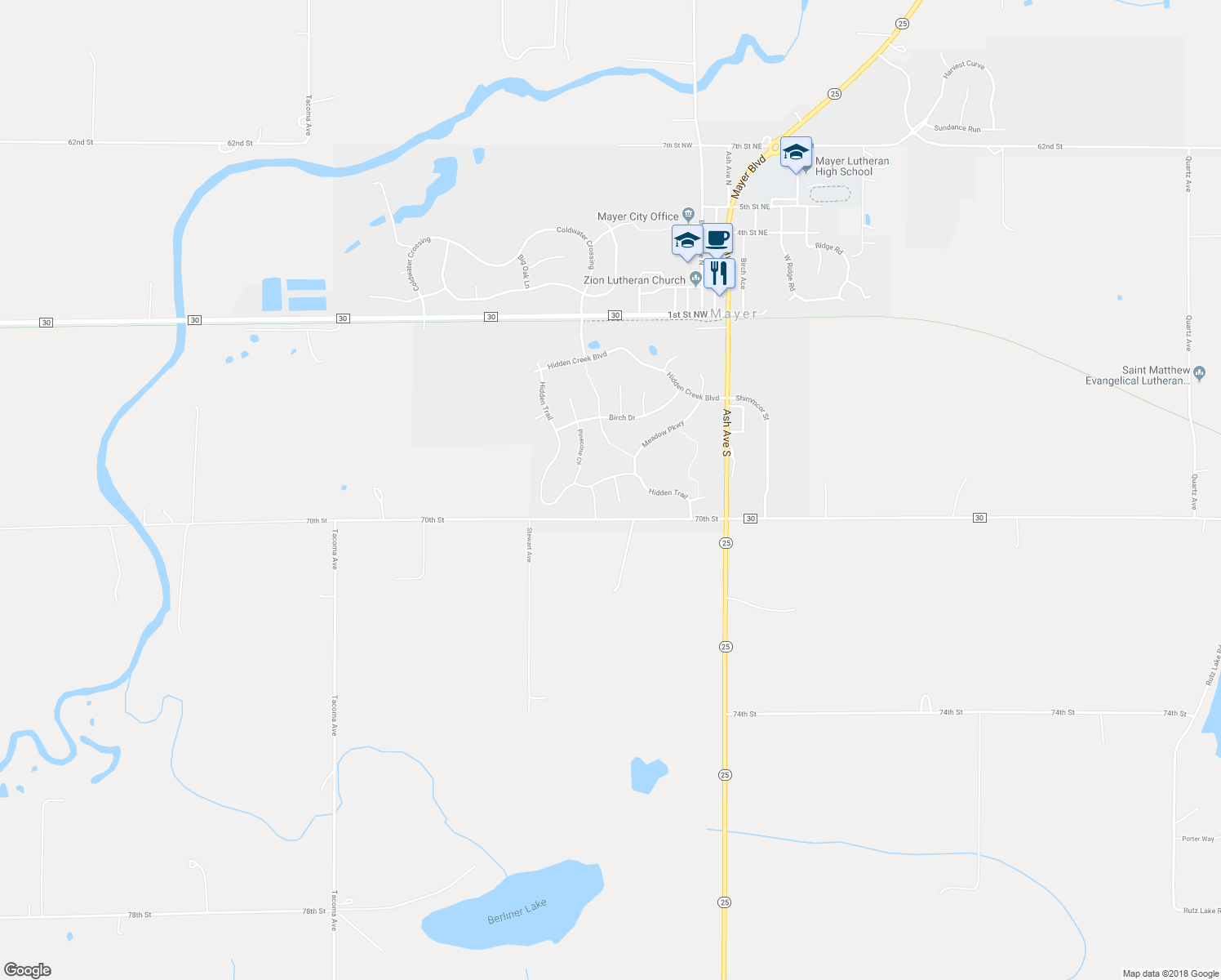 map of restaurants, bars, coffee shops, grocery stores, and more near 1721 Juniper Knoll in Mayer