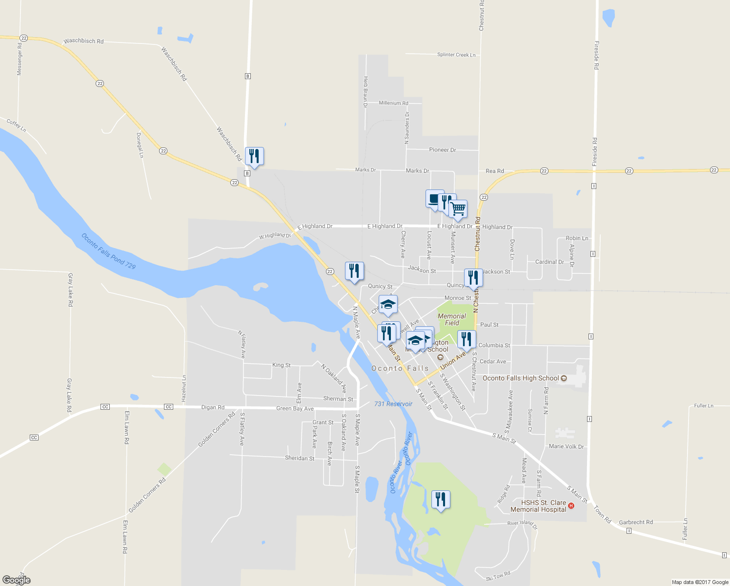 map of restaurants, bars, coffee shops, grocery stores, and more near 118 Market Street in Oconto Falls