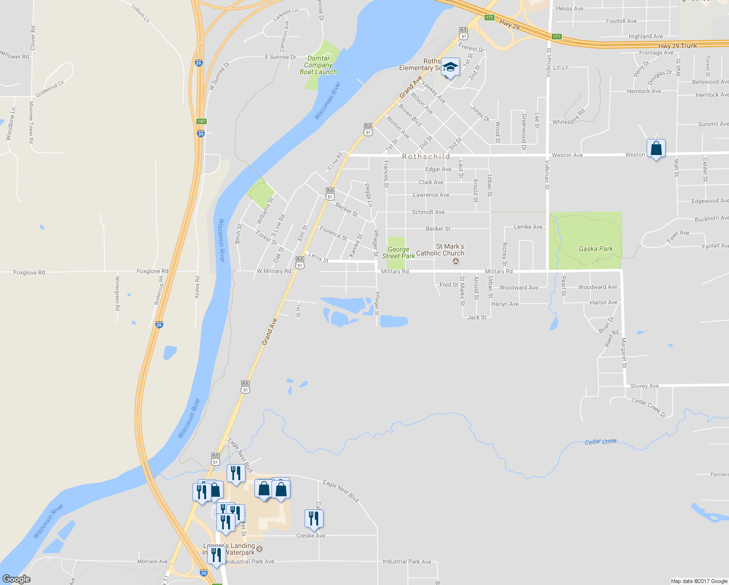map of restaurants, bars, coffee shops, grocery stores, and more near 213 West James Avenue in Rothschild