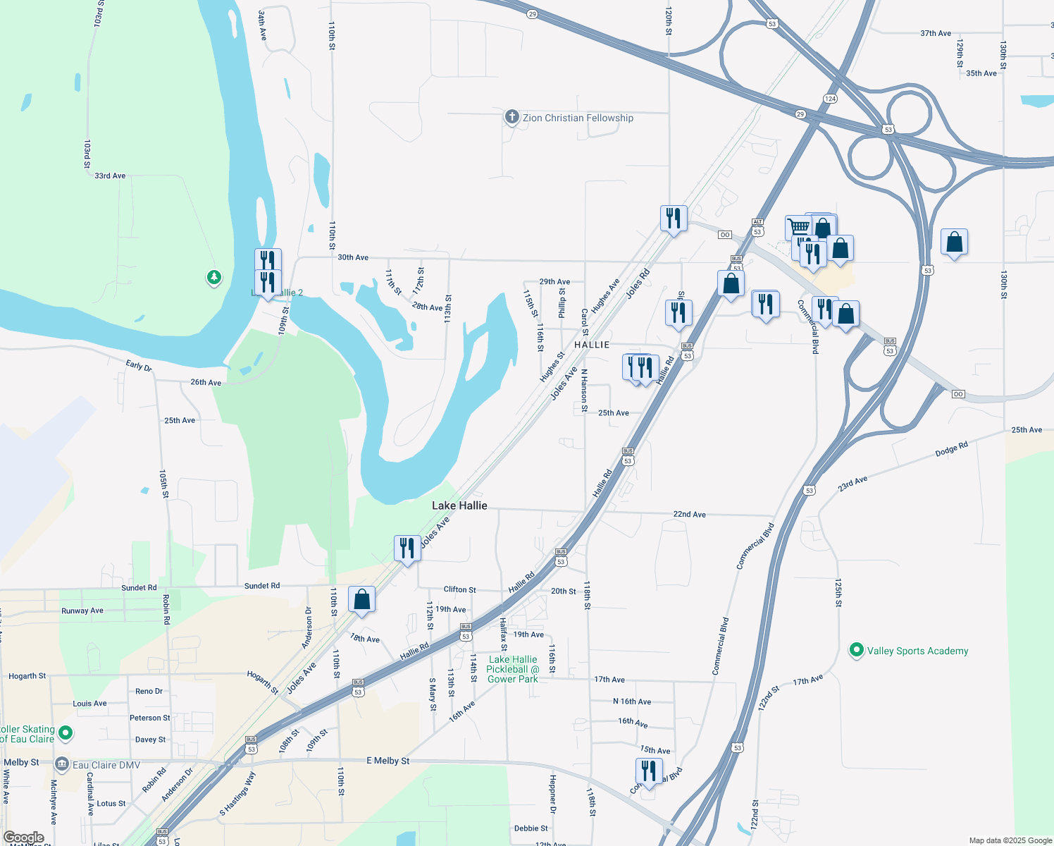map of restaurants, bars, coffee shops, grocery stores, and more near Chippewa River State Trail in Chippewa Falls