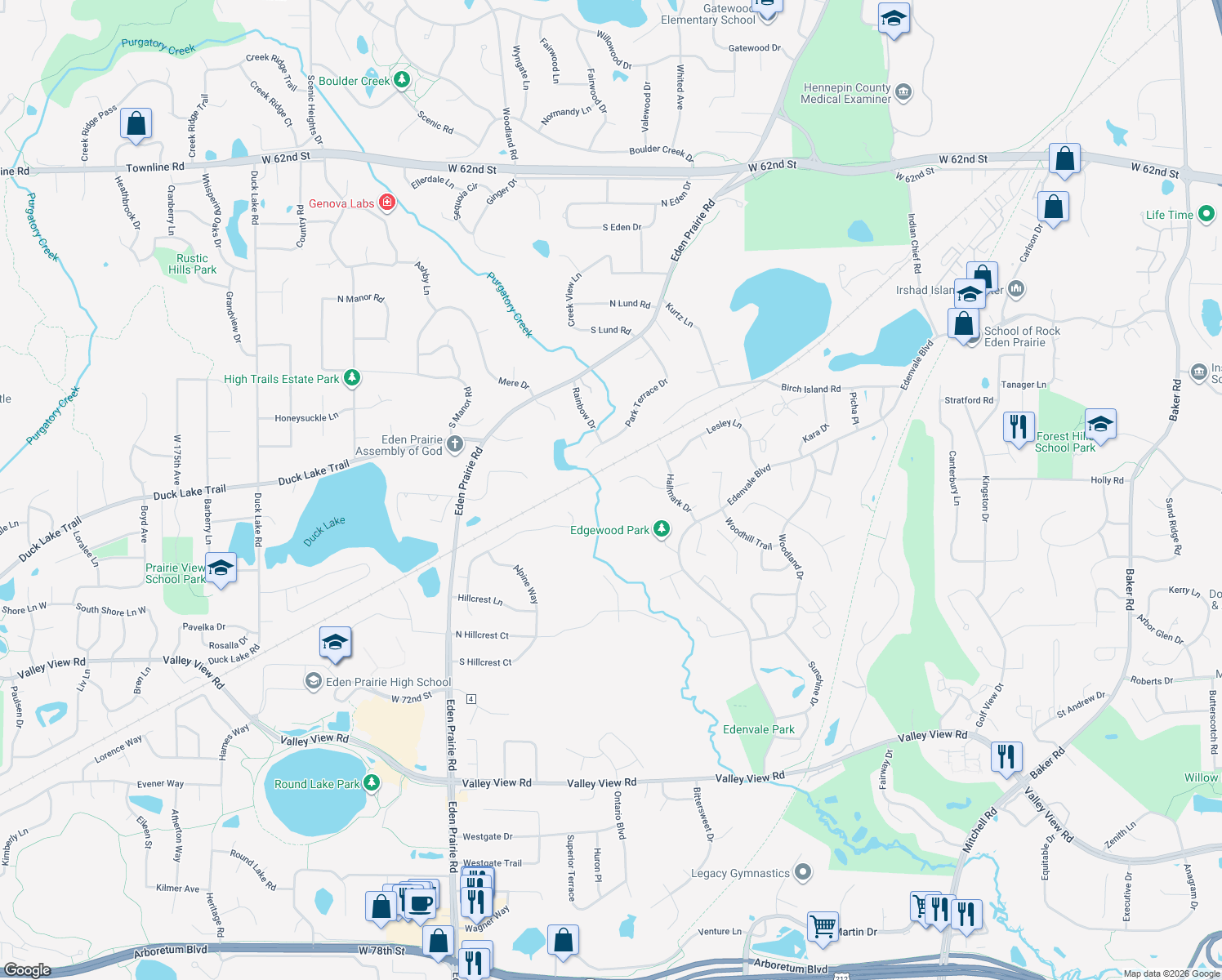 map of restaurants, bars, coffee shops, grocery stores, and more near 15681 Michele Lane in Eden Prairie