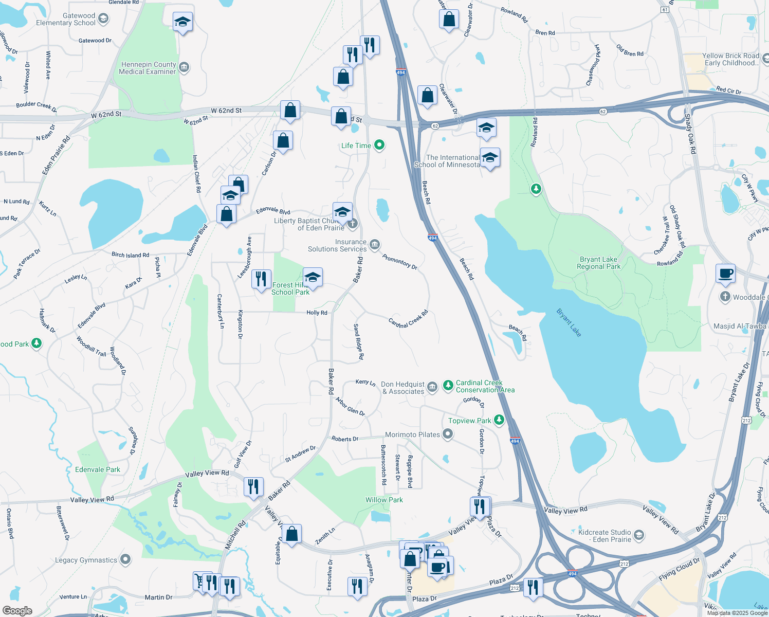 map of restaurants, bars, coffee shops, grocery stores, and more near 13226 Cardinal Creek Road in Eden Prairie