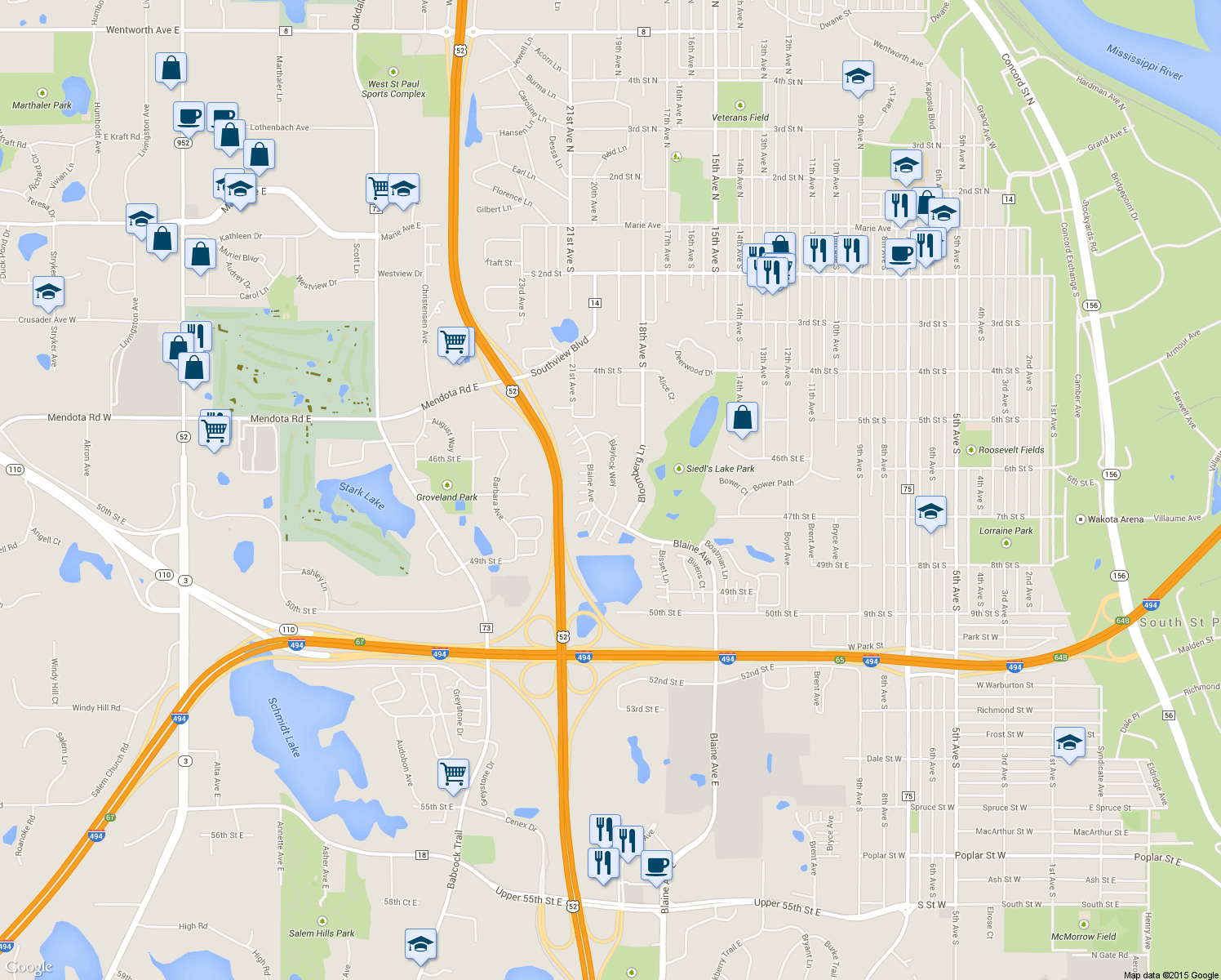 map of restaurants, bars, coffee shops, grocery stores, and more near 4741-4799 Blaylock Way in Inver Grove Heights