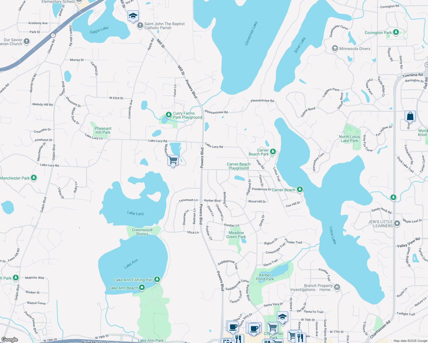 map of restaurants, bars, coffee shops, grocery stores, and more near 1031 Carver Beach Road in Chanhassen