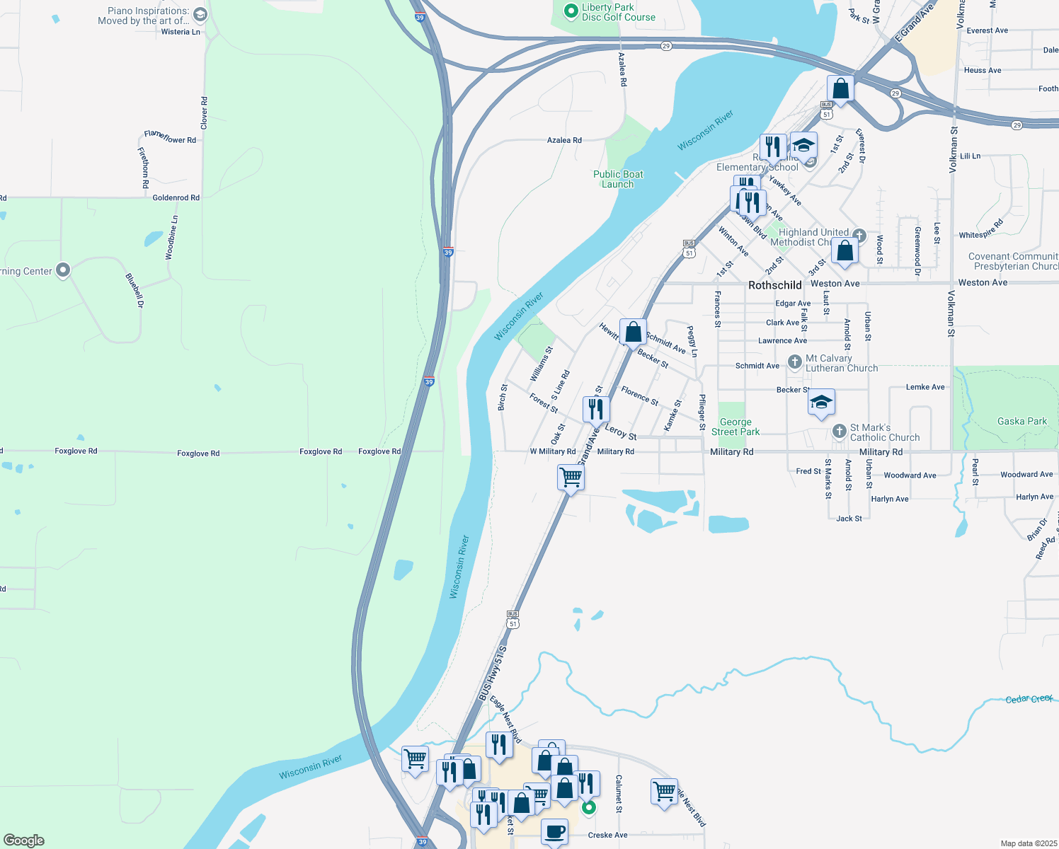 map of restaurants, bars, coffee shops, grocery stores, and more near 714 South Line Road in Rothschild