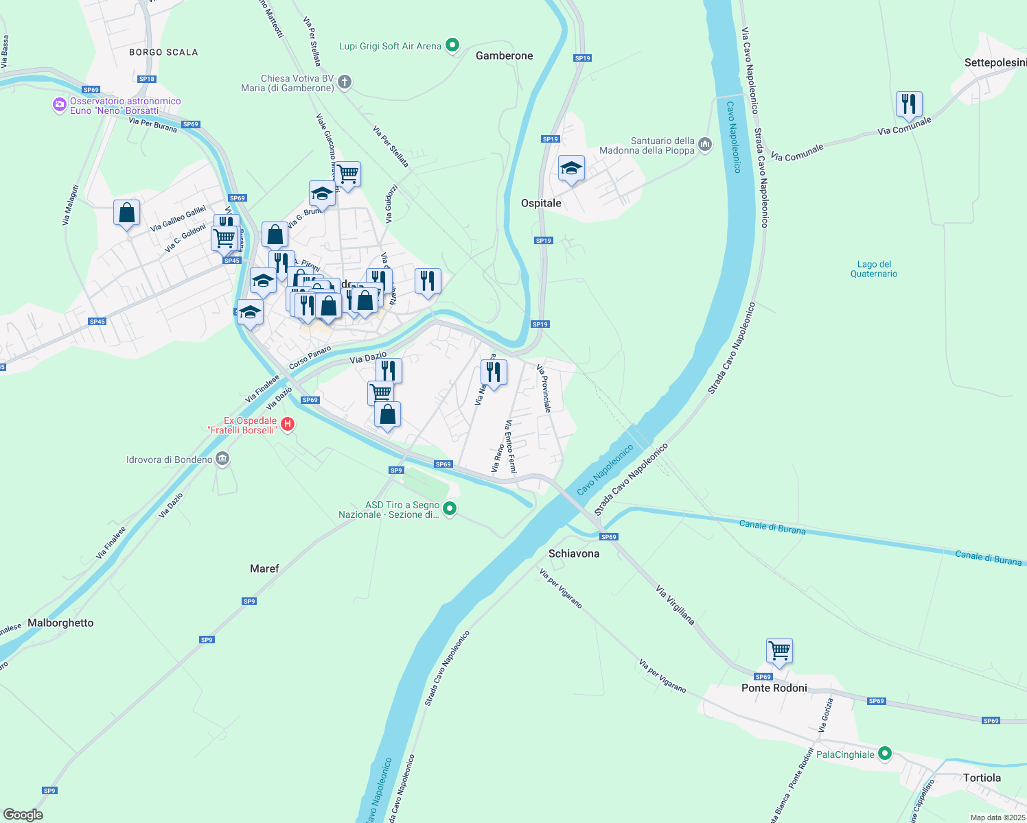 map of restaurants, bars, coffee shops, grocery stores, and more near 53 Via Enrico Fermi in Bondeno