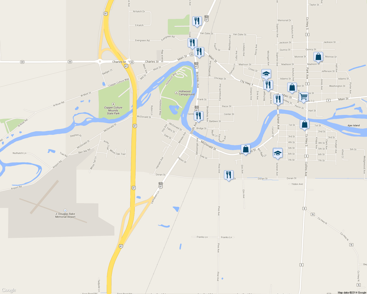 map of restaurants, bars, coffee shops, grocery stores, and more near 300 Smith Avenue in Oconto
