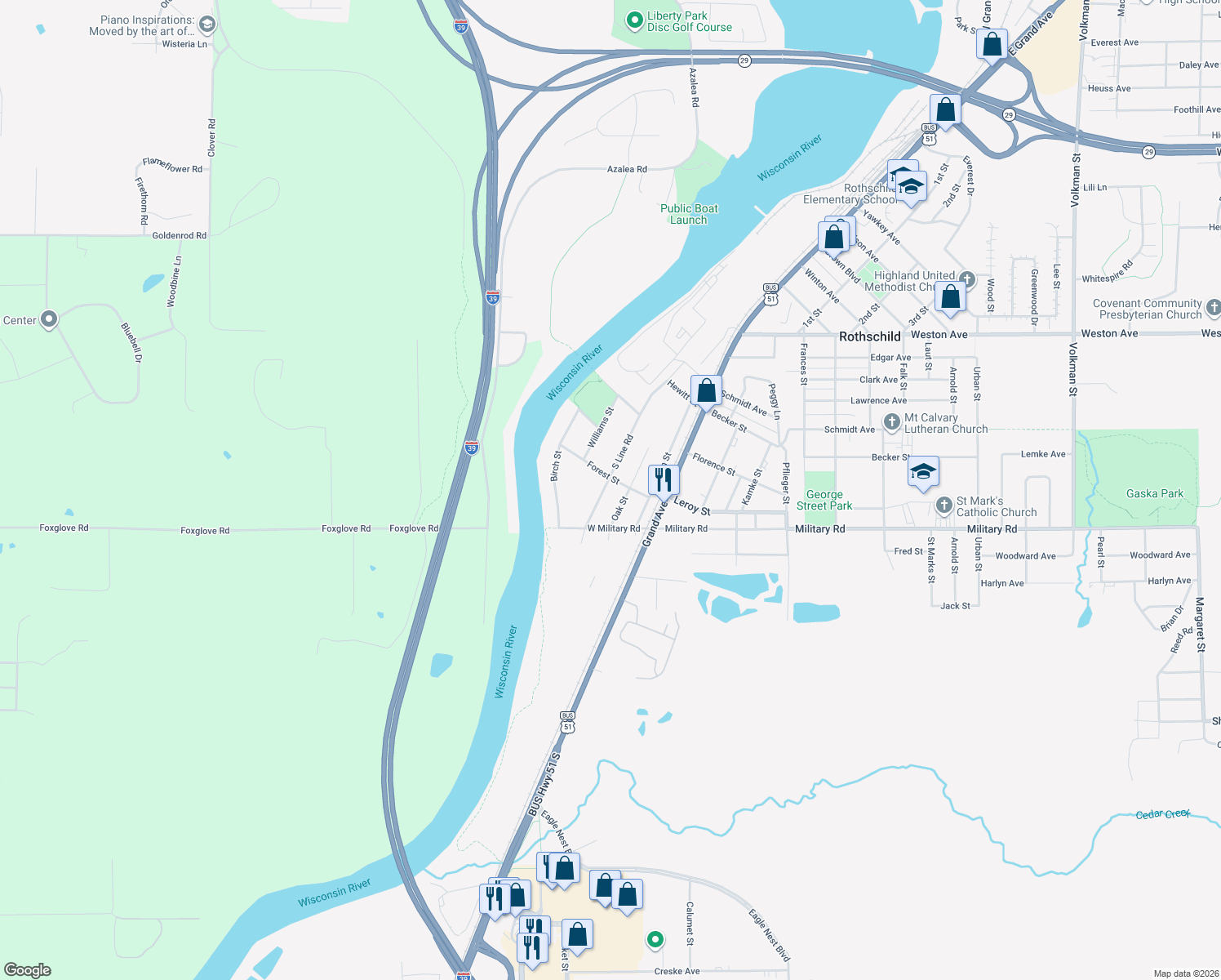 map of restaurants, bars, coffee shops, grocery stores, and more near 705 S Line Rd in Rothschild