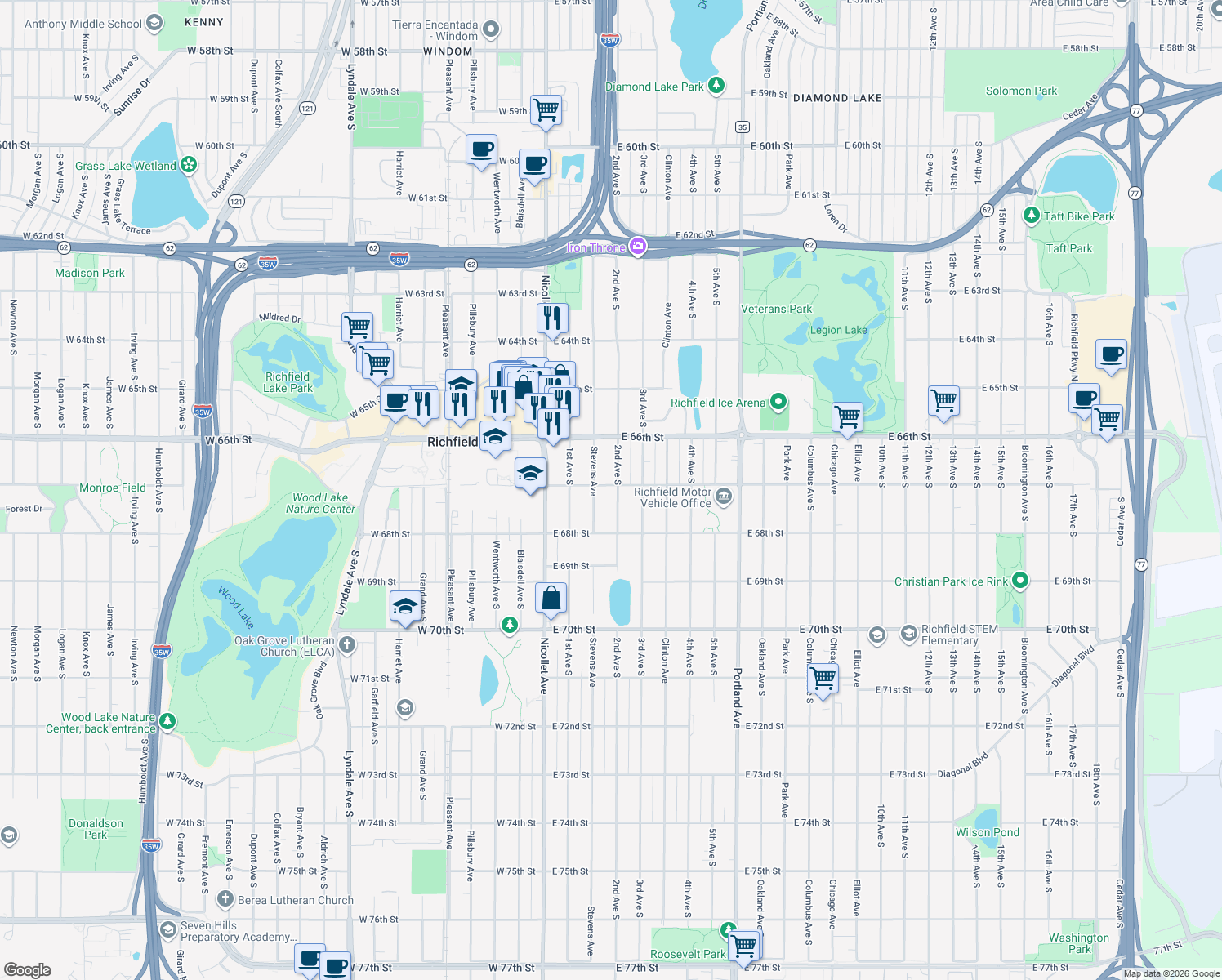 map of restaurants, bars, coffee shops, grocery stores, and more near 6700 2nd Avenue South in Richfield